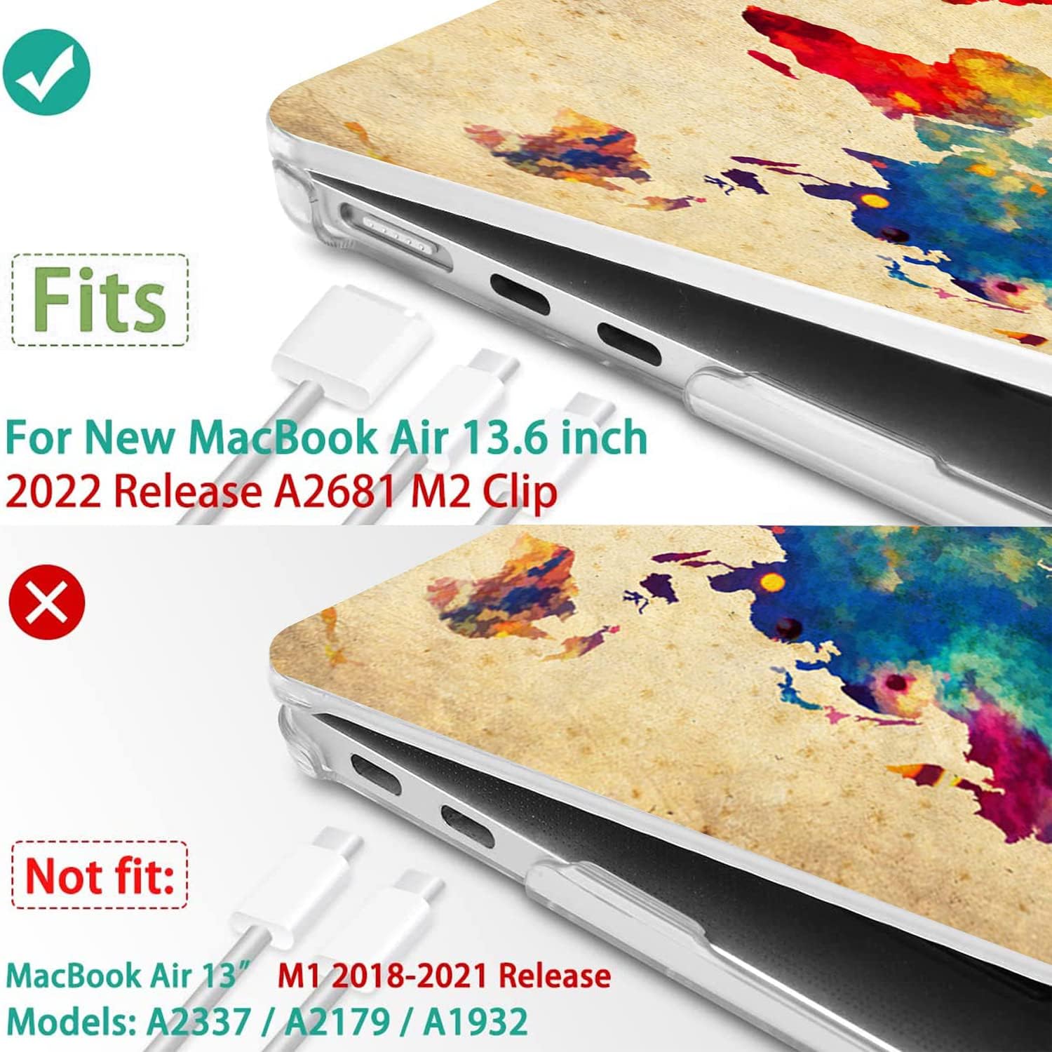 World Map Compatible with MacBook Air 13.6 inch Case 2022-2026 Release A2681 M2 A3113 M3 A3240 M4 A3449 M5 Chip Plastic Laptop Shell w/Mac OS Keyboard Sticker & Keyboard Cover (Map)