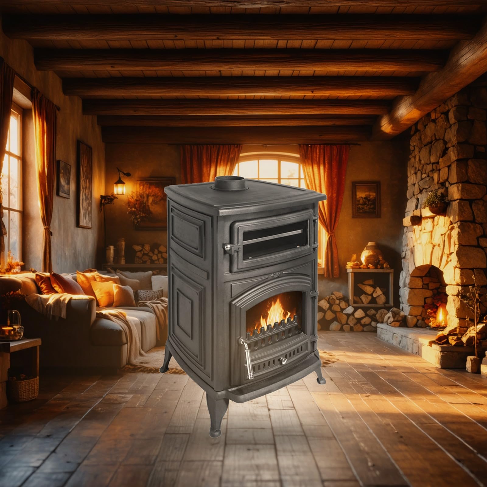 EIDER BIOMASA Estufa Leña ANTARES IRON con Horno – 16,28 kW – Fundición Completa – Horno 16×29×41 cm – Hasta 315 m³ – 91×59×61 cm – Clase A
