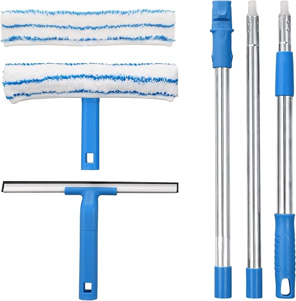 Mitclear Limpiacristales con Mango Extensible(146cm), Limpiador de Ventanas con Escobilla de Silicona & Paños de Microfibra, Kit Limpiacristales Profesional para Ducha Cristal Espejo Puerta Coche - 1
