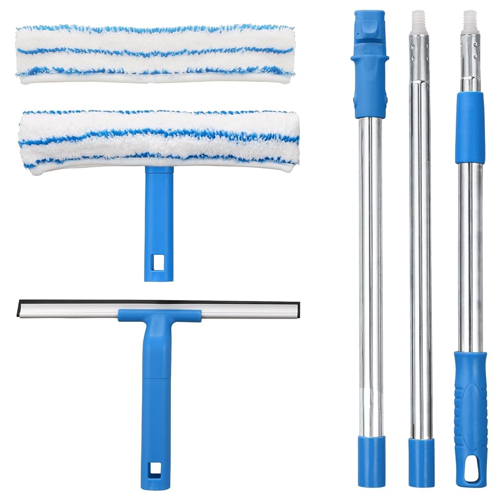 Mitclear Window Cleaner with Long Handle(57IN), Glass Cleaning Tools with Silicone Squeegee & Microfiber Scrubber, Window Cleaning Kit for Shower Glass Mirror Door Car