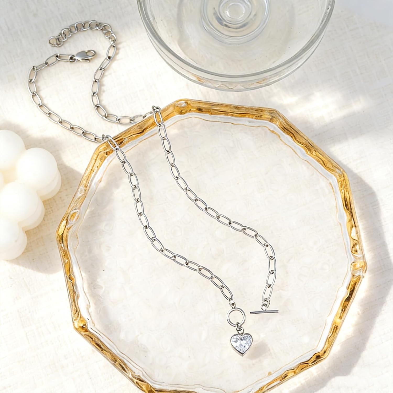 Dual-Clasp Birthstone Heart Pendant Toggle Paperclip Necklace 11 * 11mm Heart Gemstone Chain Necklace Paperclip Jewelry Birthday Gifts for Women