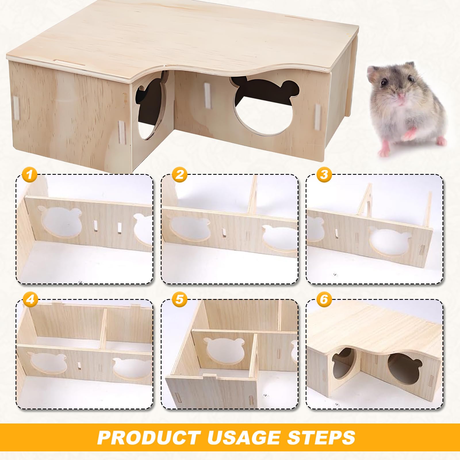 SenZee Maison pour hamster en bois, cachette multi-chambres en bois avec couvercle pour hamsters et petits animaux de compagnie