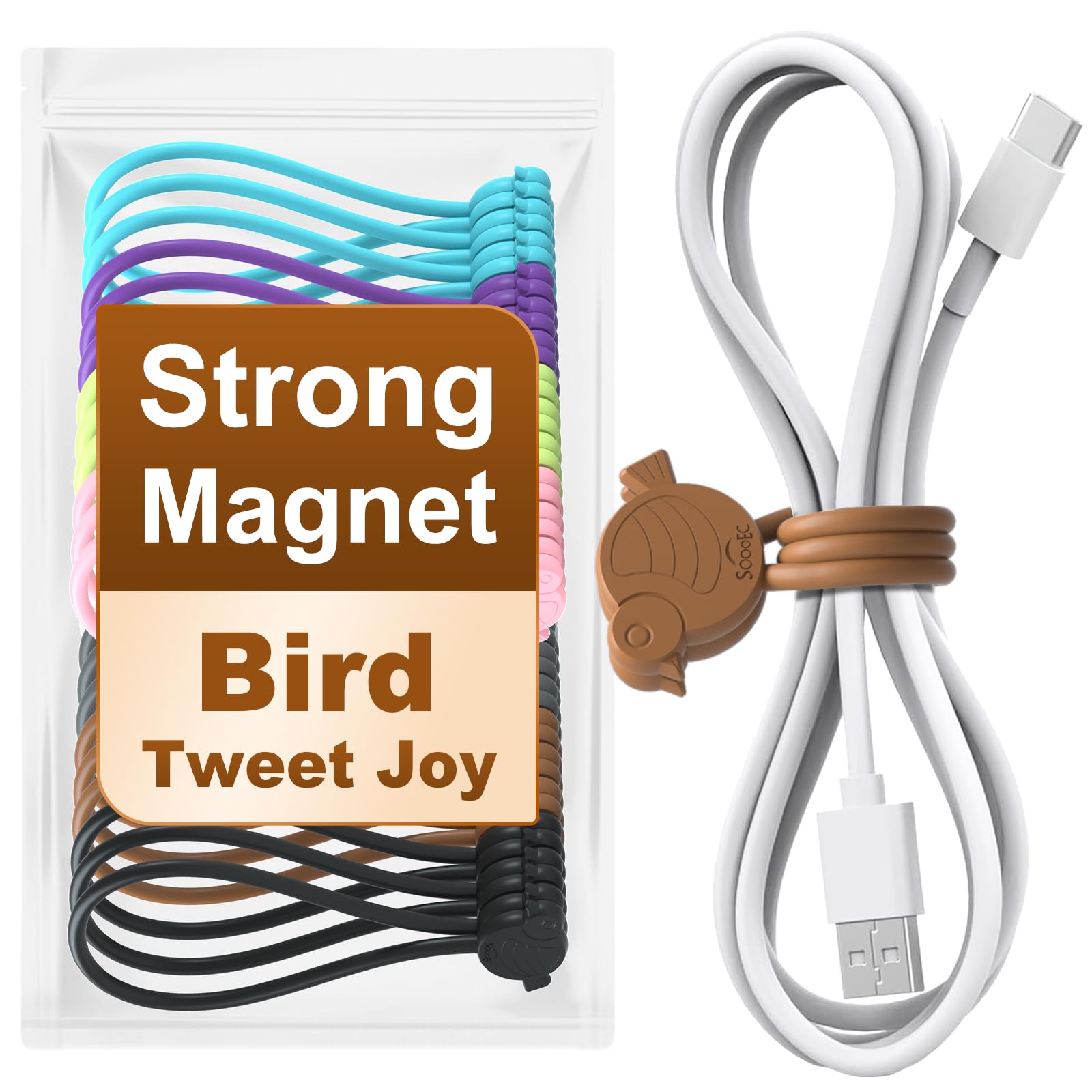 SOLIDATOR Playful Bird Magnetic Cable Ties – 24 Pack, Reusable Silicone Cord Organizers for Home & Office, Strong Magnetic Hold, Assorted Colors,