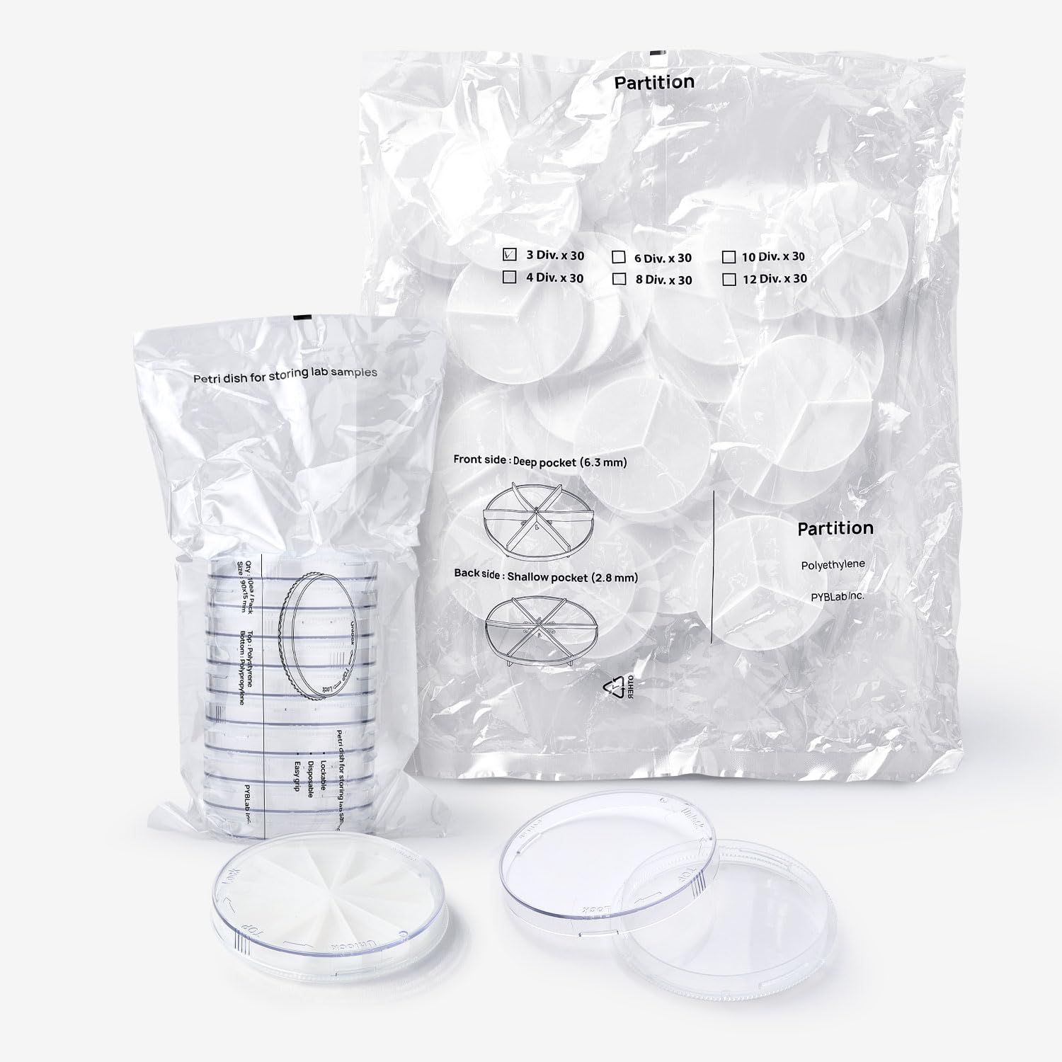 Petri Dish by PYBLab : Petri Dish for Storing Lab Samples - Lockable & Slide in Partition & Black Dish for Light Sensitive Sample (Petri Dish by PYBLab(Transparent) with partition(10,12))