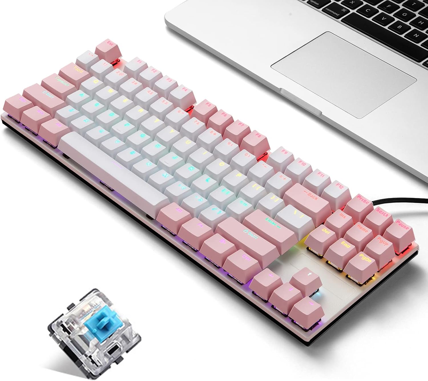 Jemora K87 87 Keys Wired Mechanical Keyboard Metal Panel Two-color Injection Keycap 20 Light Effects Pink&White(Blue Switches)