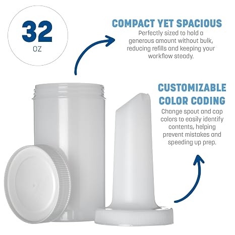 Carlisle FoodService Products Pourplus Store 'N Pour Complete Quart Set Neck, Container, And Cap for Bar, Kitchen, And Restaurant, Plastic, 32 Ounces, White, (Pack of 12)
