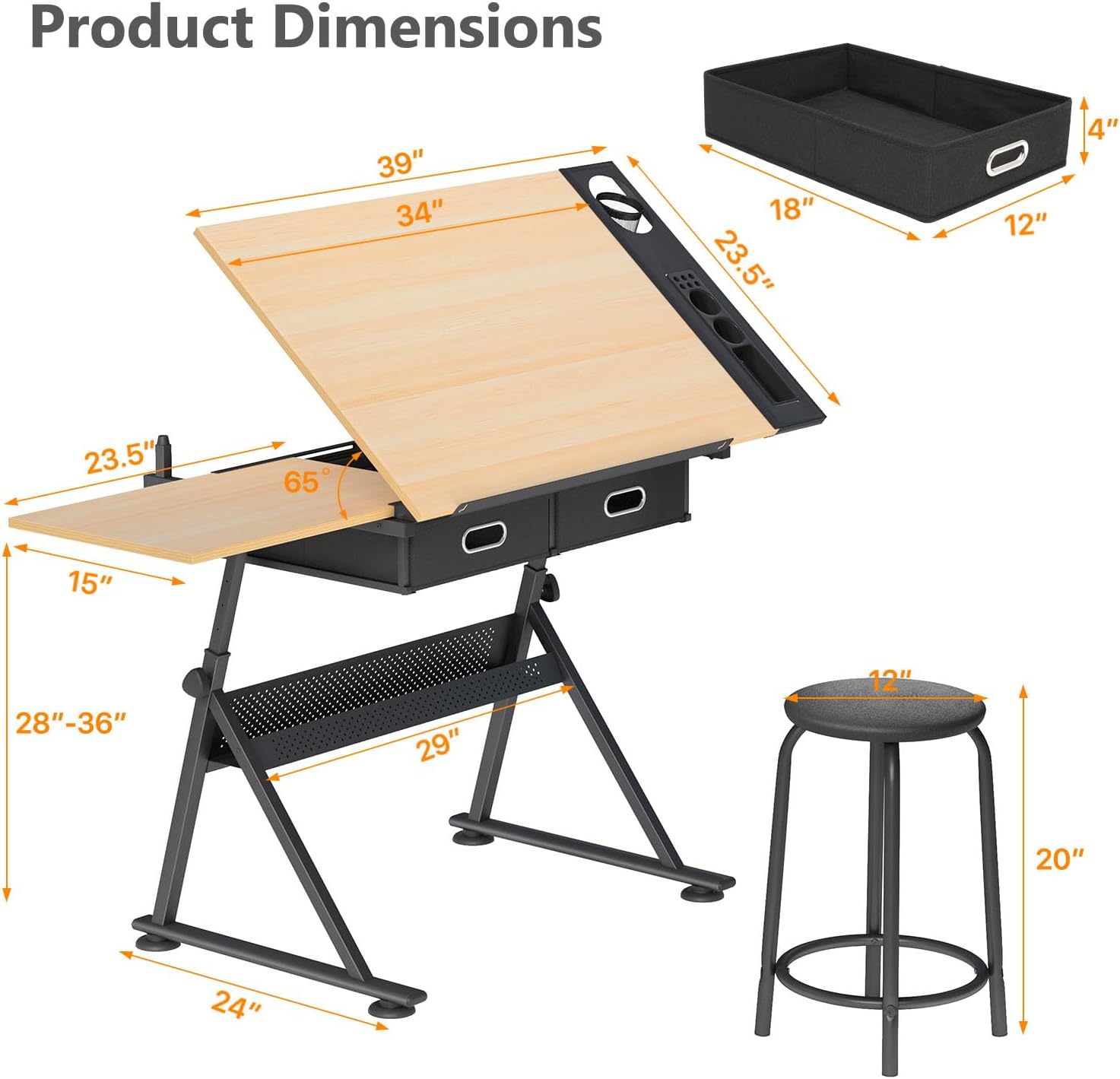 OS MOTOR Adjustable Height Drafting Table with Wood Top, Art Craft Desk with Slide-Out Drawers, Storage, for Drawing, Writing, Painting, and Creative Tasks, Ideal for Home Office, Natural