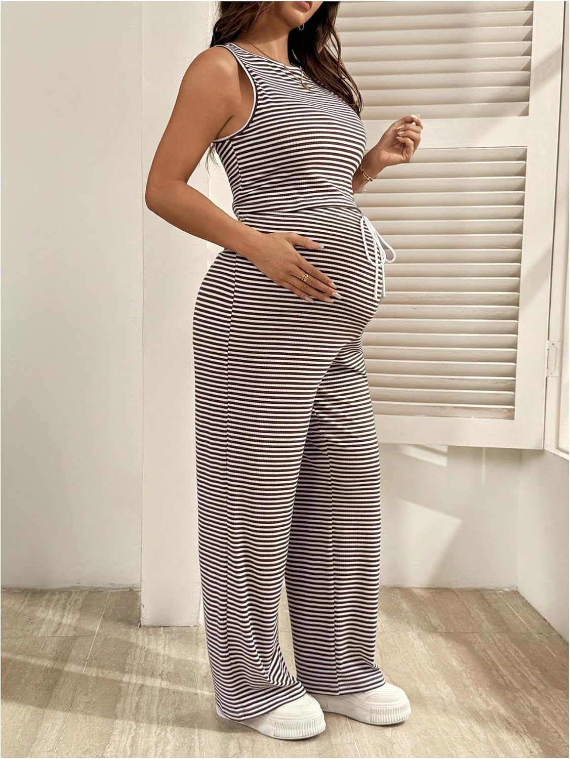 SHENHE Women's Maternity 2 Piece Summer Outfits Striped Crew Neck Tank Top and Pants Lounge Set