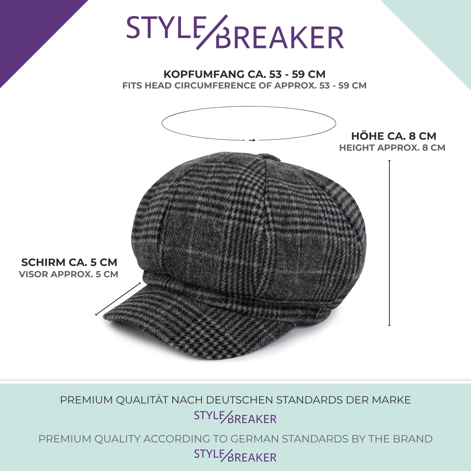 styleBREAKER Casquette Bakerboy pour Femmes avec Motif à Carreaux Glencheck, Casquette Ballon, Casquette Newsboy, Casquette Plate 04023060