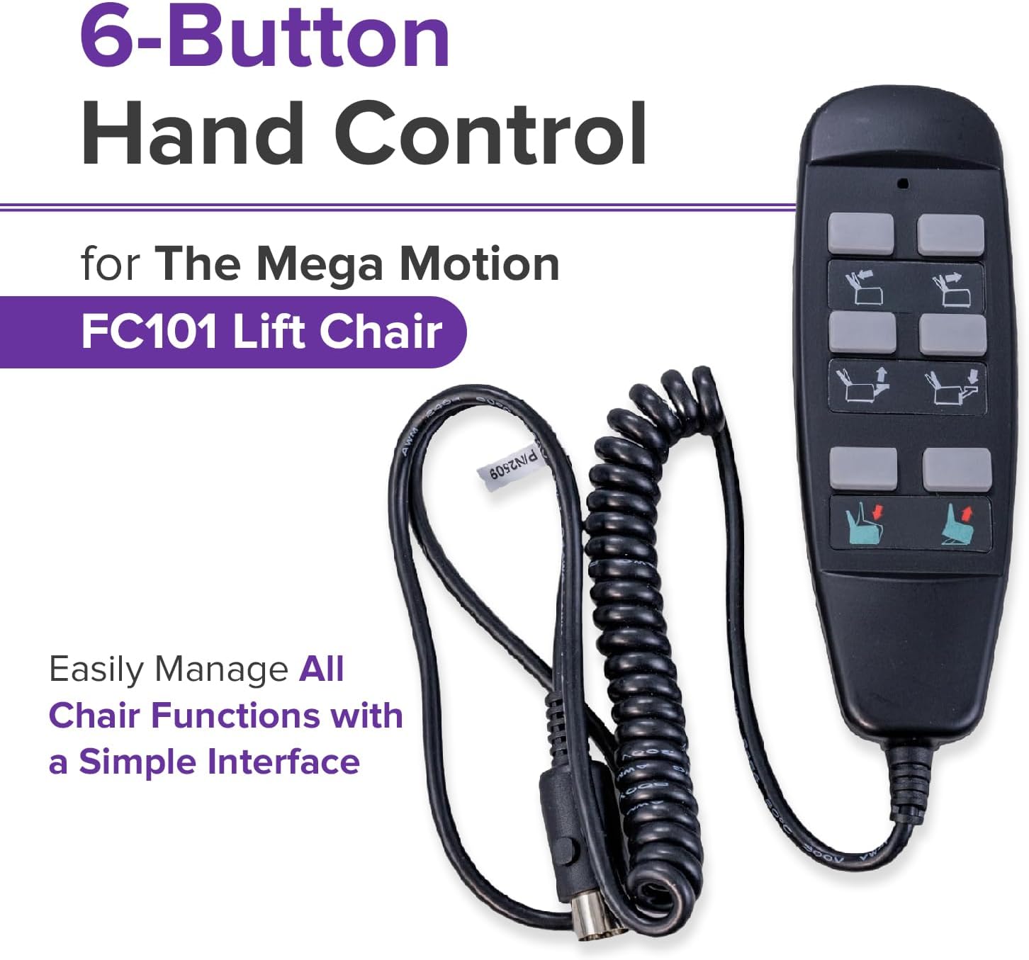 6-Button Hand Control for The Mega Motion FC101 Lift Chair - Replacement Remote Controller for Infinite Position FC101 Power Recliner Lift Chairs (ELE122509 / CTL122508)