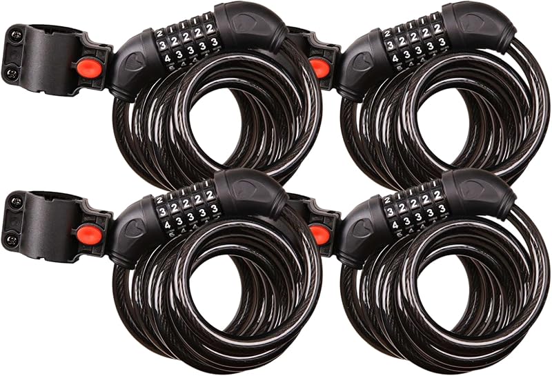 SEPOX® 6FT Cable Combination Bike Lock + Bracket, 5 Digit Retractable, 4Pcs | For Bike, Scooter, Gate, Outdoor Equipment, Heavy Duty 12mm Diameter Cable, Weatherproof Security Lock, Anti-Theft Anti-Rust