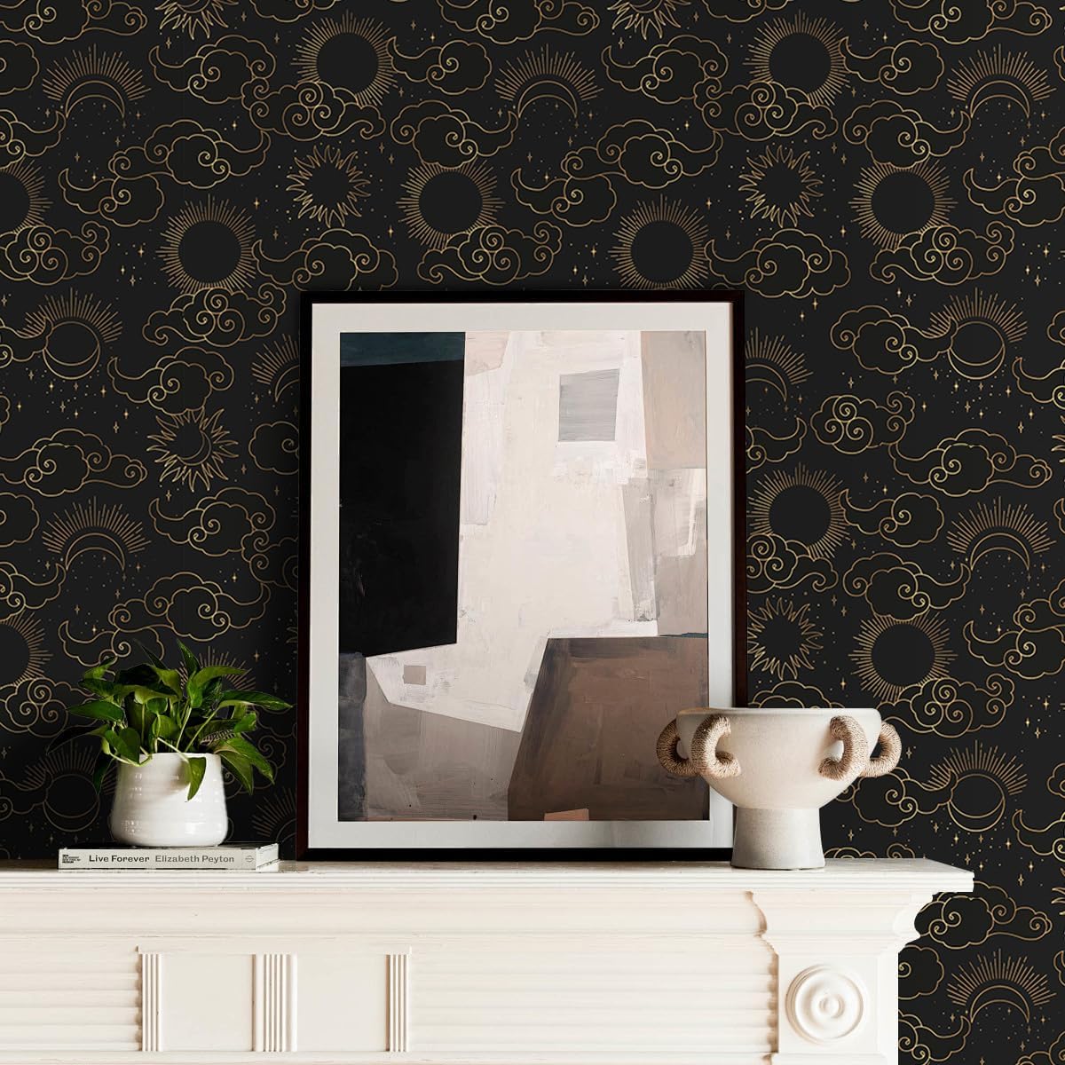 Vintage Black Background Gold Patterned Wallpaper 17.71"x118.1" Peel and Stick Wall Paper Waterproof Vinyl Matte Contact Paper for Bookshelves Closet Shelving Flooring