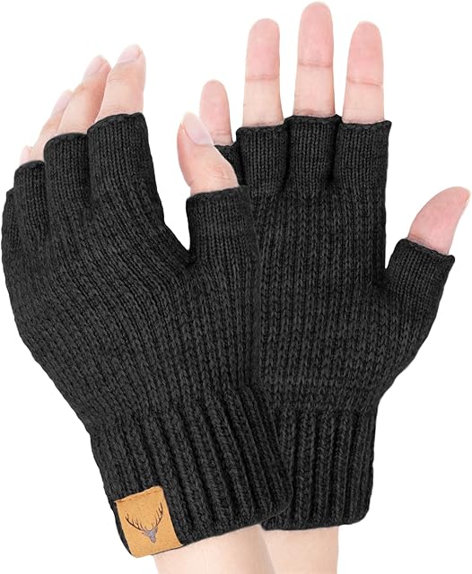 YouGa Fingerless Gloves for Men - Winter Knitted Gloves Thermal Fingerless Gloves Half Finger Gloves Fleece Lined for Working Driving Typing