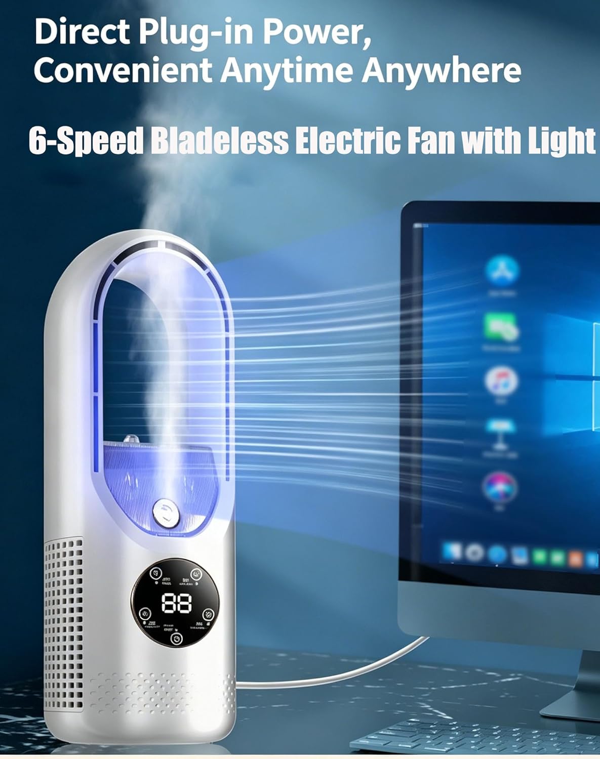 6-Speed Bladeless Electric Fan with Light, 7-Color Ambiance Light Bladeless Quiet Desk Fan, 12 Inch Portable Ice Mist Cooling Fan USB Rechargeable, 100ml Water Tank, Timer, Stay Cool Anywhere (white)