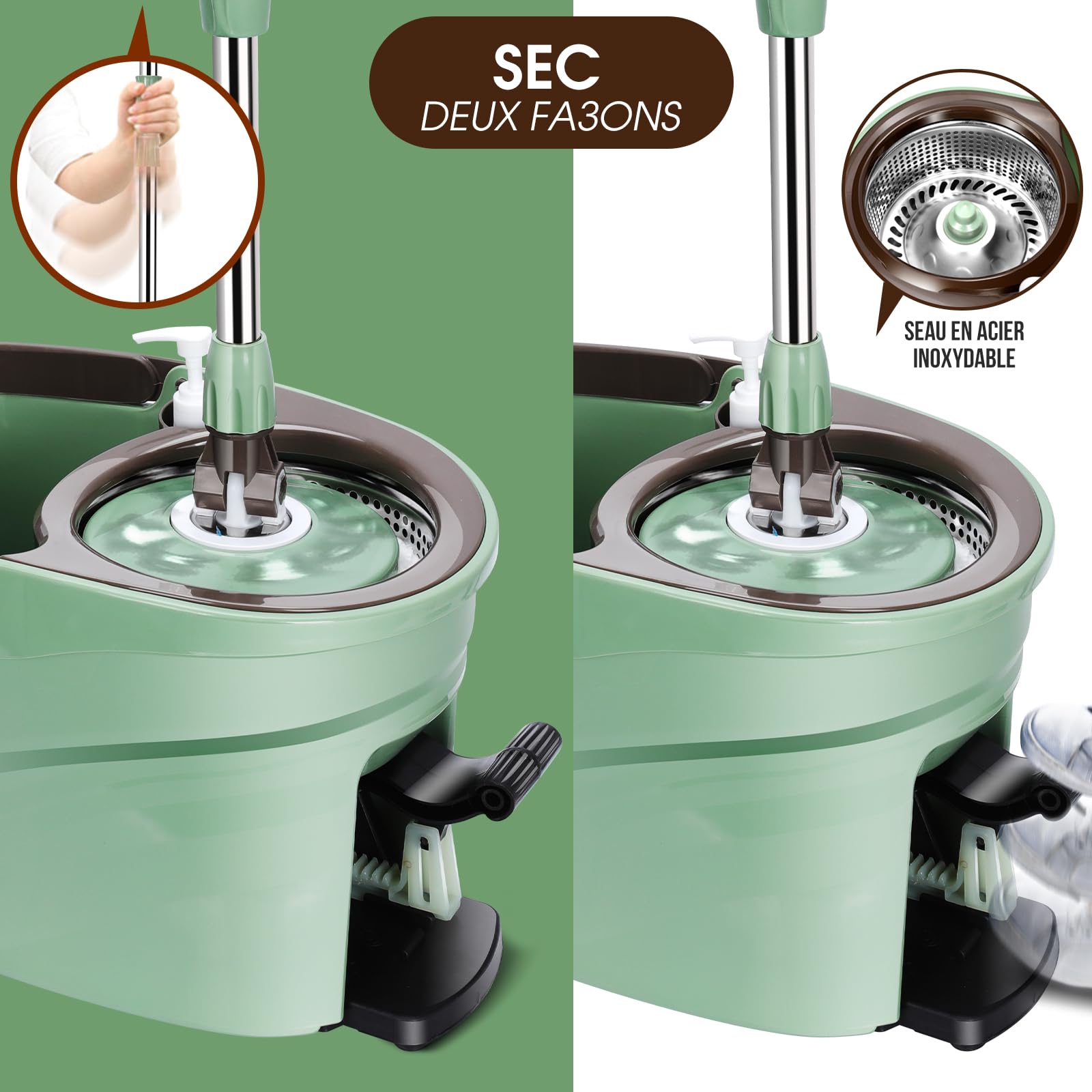 Myiosus Balai Serpillère Essoreur avec Seau, Balai Serpillere Rotatif 360°, Poignée en Acier INOX pour Nettoyage Sol - 5 Tête Réutilisable en Microfibre (Vert)