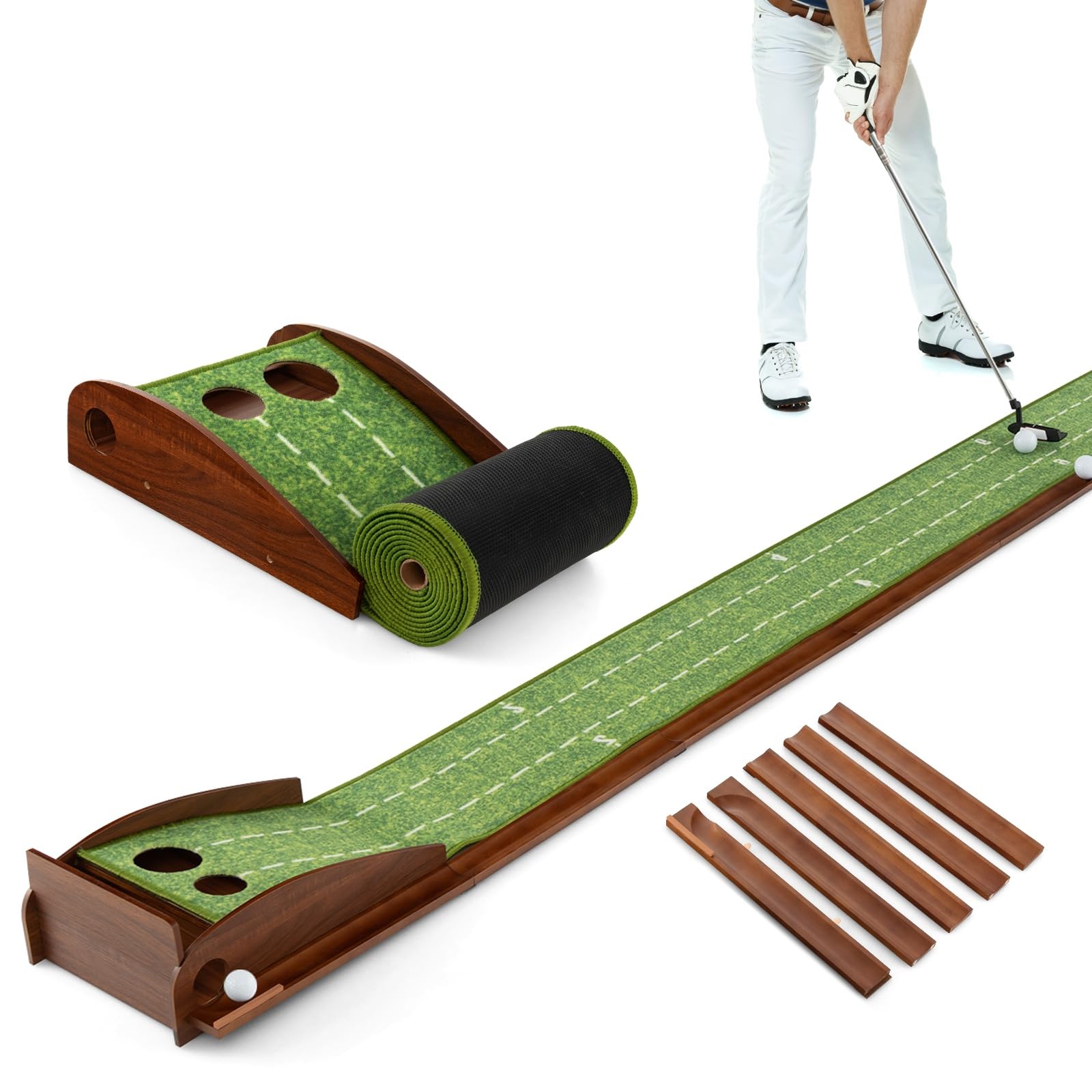 LIFEZEAL Golf Putting Matte, Golfmatte mit Löchern, Tragbarer Golf Übungsmatte mit automatischer Rückkehr, Golfübungsgeräte Golf Matte für den Innenbereich & Außenbereich
