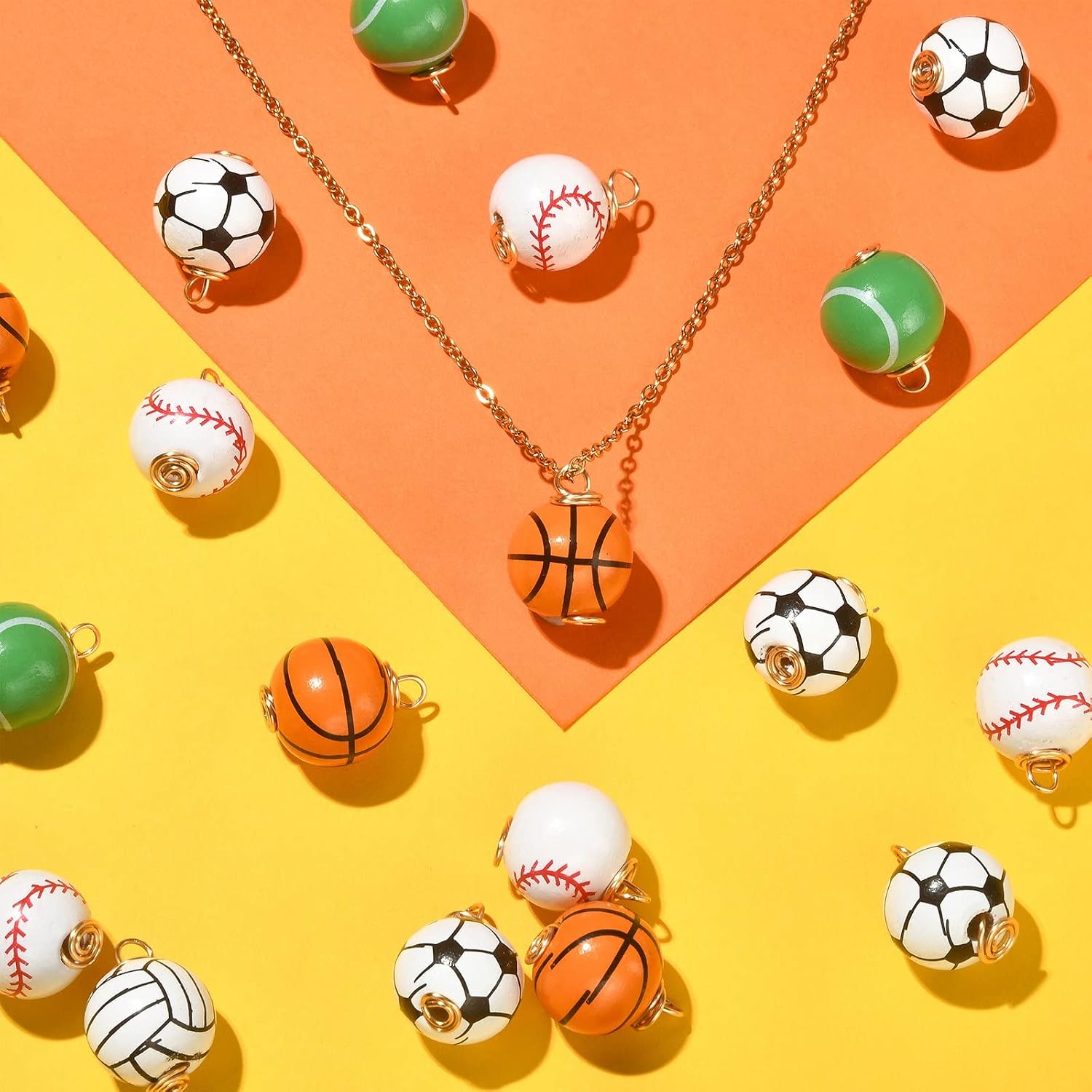 LiQunSweet 50 Pcs Random Wood Sport Beads Wire Wrapped Round Football Volleyball Tennis Basketball Softball Baseball Sport Ball Charm for Jewelry Making