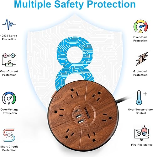 Miniatura 5 de Regleta de alimentación con USB, carga USB-C PD de 20W, cable de extensión de 6.5 pies con 6 salidas, 1 USB-C, 2 USB-A, regleta de alimentación