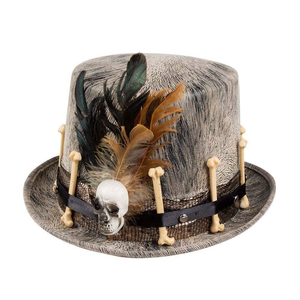 Boland Voodoo Nawu Hat – Grey Voodoo Hat with Bone and Feather Decorations, Perfect for Halloween, Cosplay, and Themed Parties