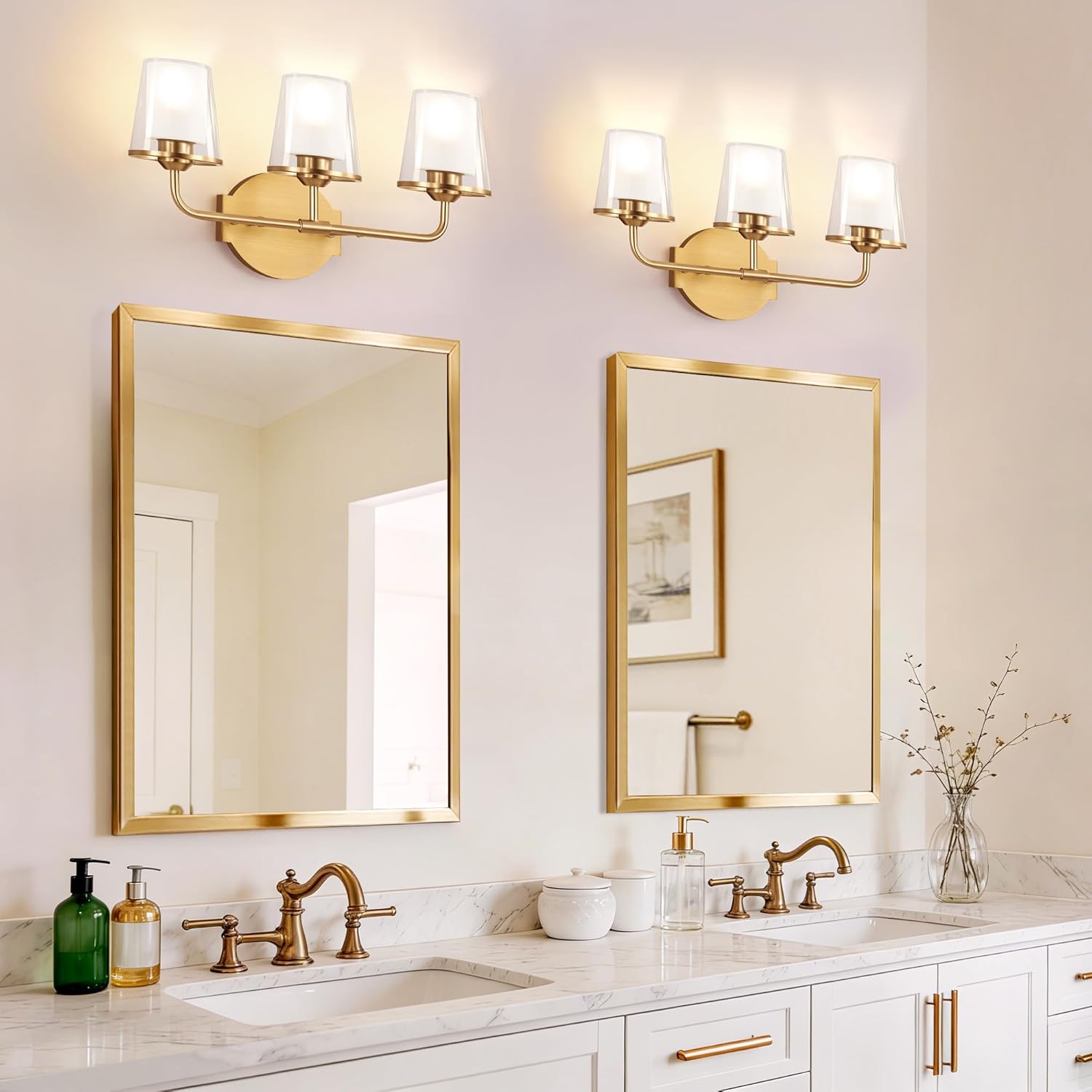 VbiTmn Gold Vanity Light, Brushed Gold Bathroom Light Fixtures, Vintage Bathroom Lights with Dual-Layer Glass Shades, Antique Brass Finish for Bathroom Mirror, Bedroom, Hallway