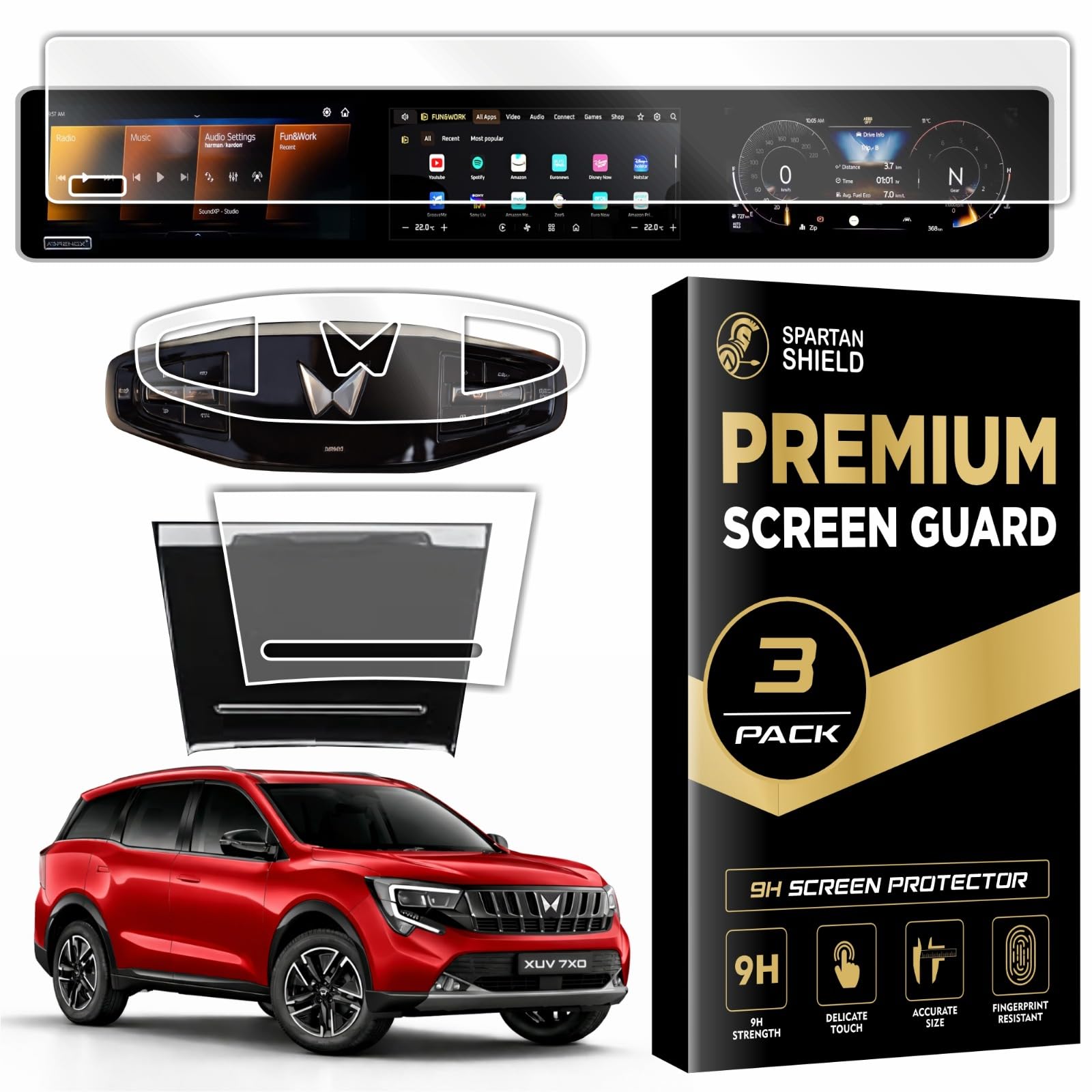 Spartan Shield [3 PACK] Screen Guard for MAHINDRA XUV 7XO 2026+ || AX, AX3, AX5, AX7, AX7T & AX7L || 12.3 INCH TRIPLE SCREEN with *** ADRENOX+ BADGE CUTOUT *** + + Flexible TPU for Steering & Storage Panel Protector || Anti Scratch || Water Repellant || With Complimentary Installation Kit || Bubble Free Application || XUV7XO Digital Instrument Cluster Protective Film || 2025 Car Stereo Accessories [Not Tempered Glass] [CHECK ADRENOX BADGE BEFORE ORDERING]-image-7