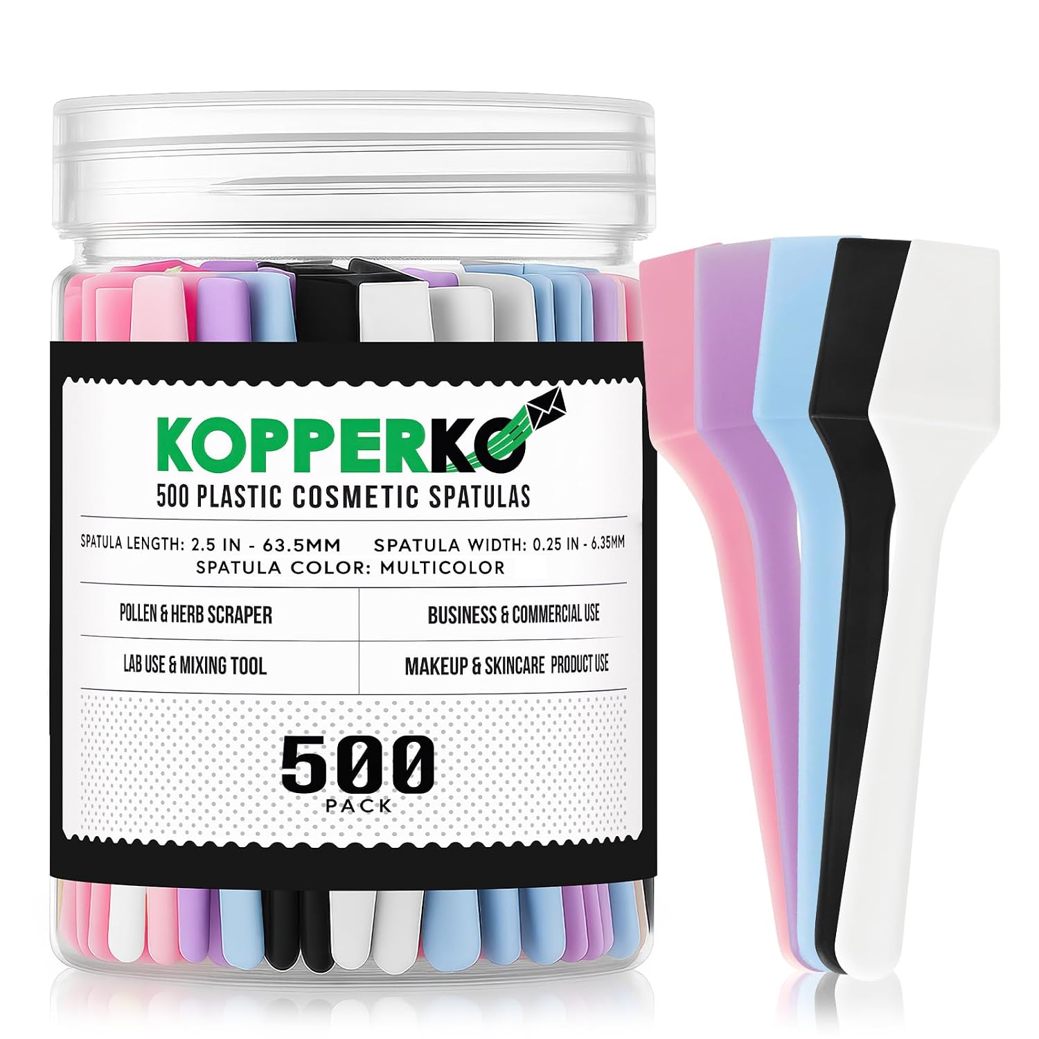 Kopperko Mini Cosmetic Spatula Set (2.5”, 500pc) | Small Plastic Spatulas for Skincare, Creams, Makeup, Face Masks & Crafts | Disposable Mixing Applicators in 5 Colors (White, Black, Blue, Purple, Pin