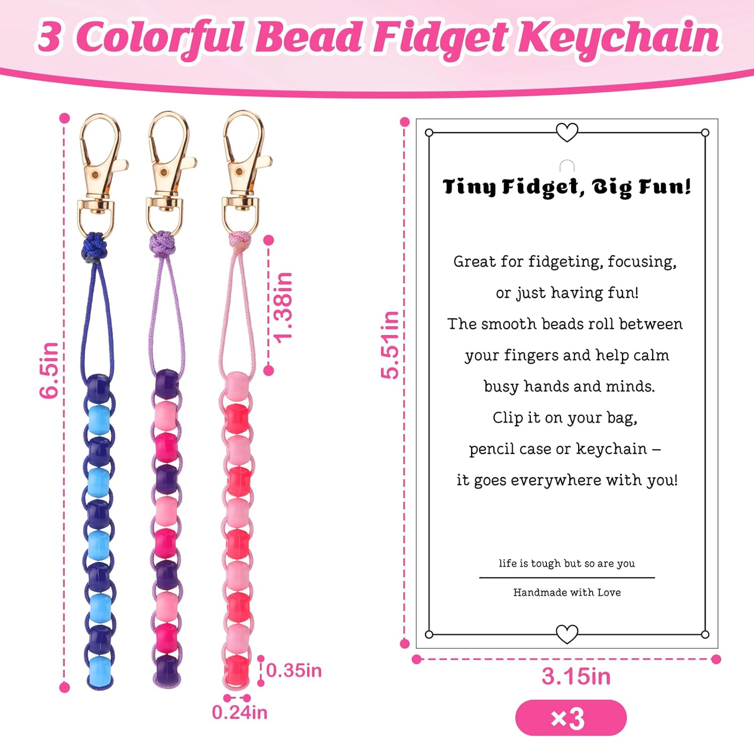 3 Pcs Colorful Beaded Fidget Keychain for Anxiety Stress Relief Plastic Sensory Keychain Fidget Slider Toys Portable Calm Down Corner Supplies with Cardboard Fidget Gift for Teens Classroom Pencil Bag
