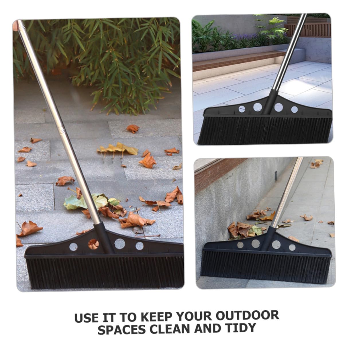 Scopa da Giardino Larga e Resistente con Manico Ergonomico e Impugnatura Comoda, Scopa Spazzatrice Nera in Acciaio Inossidabile e Nylon, per Esterni e Deck