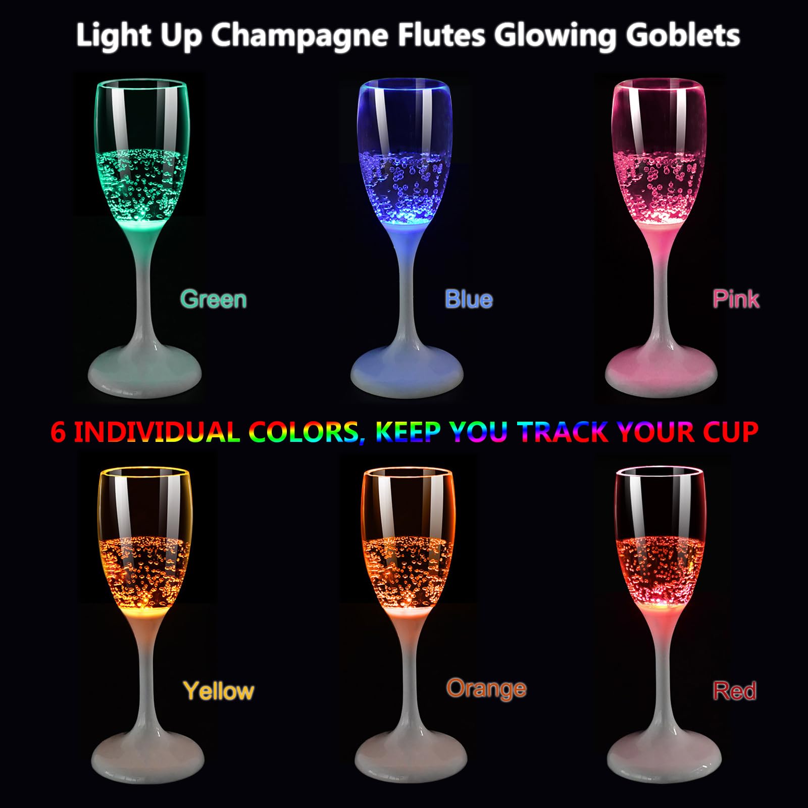 LED-Champagnergläser, Wasser-Flüssigkeit, aktiviert, beleuchtet, 120 ml, leuchtende Weingläser, farbige Champagnerflöten, Trinkkelche, 6 Stück