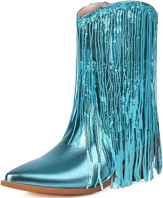 DINTAHA Metallic Fringe Cowboy Boots Sparkly Cowgirl Boots Glitter Boots Women Pointed Toe Chunky Heel Ankle Boots