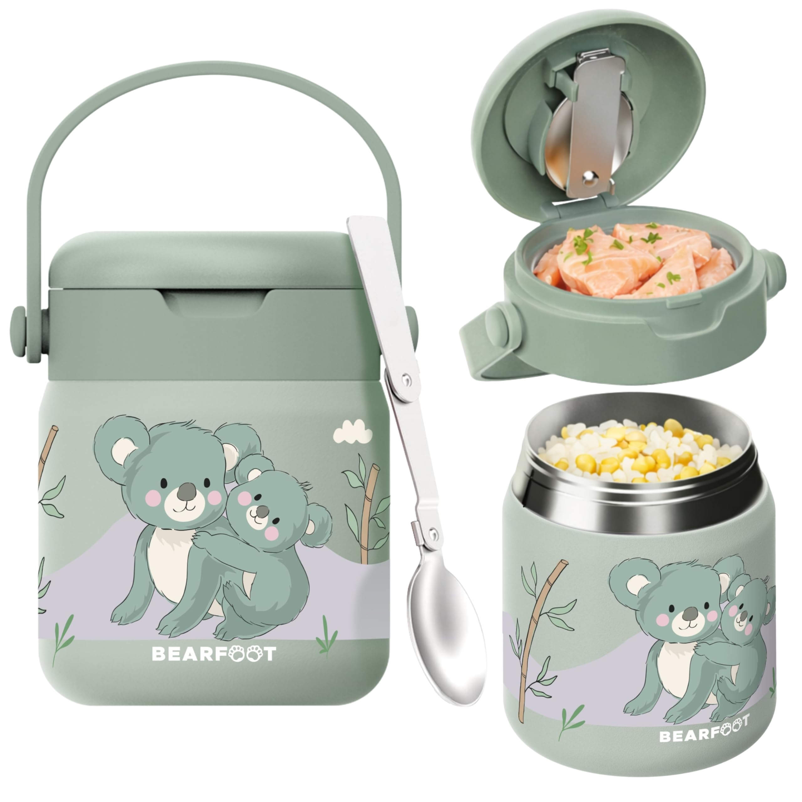 BEARFOOT Kinder Thermobehälter Edelstahl 500ml, BPA-frei | Auslaufsicher, mit faltbarem Löffel & Tragegriff, für Kindergarten & Schule