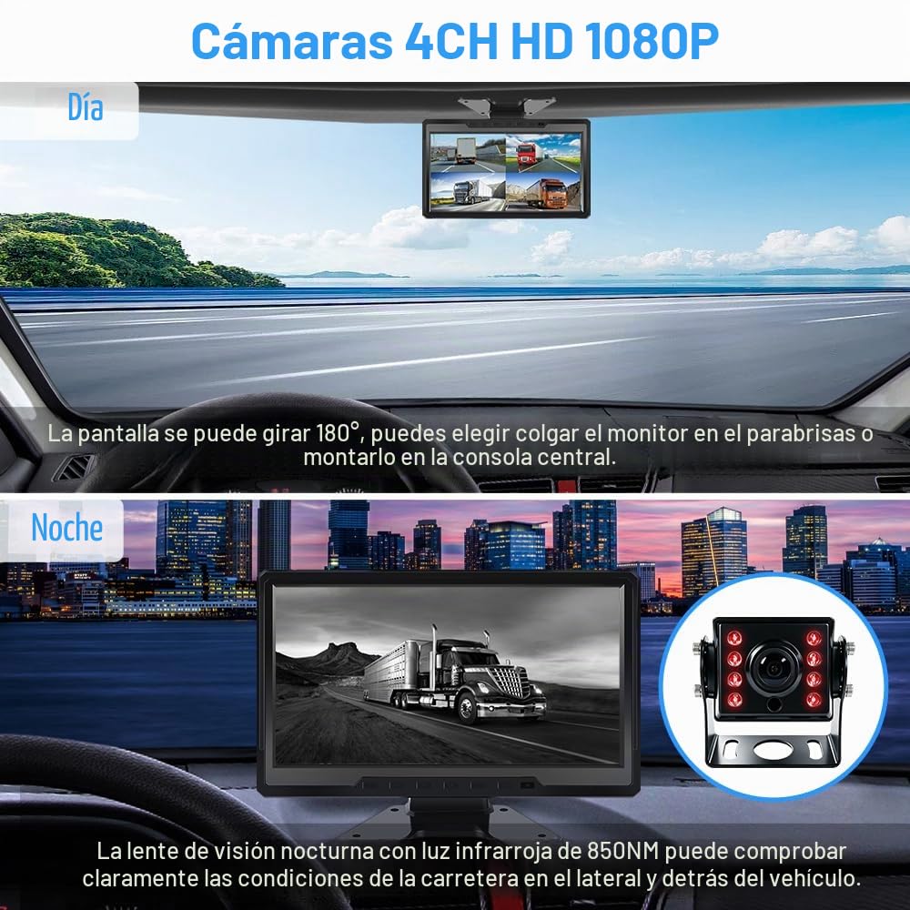 VSYSTO Sistema de Cámara de Camiones de Alta definición 1080p de 4 Canales, Icono invertido, Brillo de visualización Ajustable, Pantalla de 10,1 Pulgadas, 4 cámaras de visión Nocturna infrarroja, GPS
