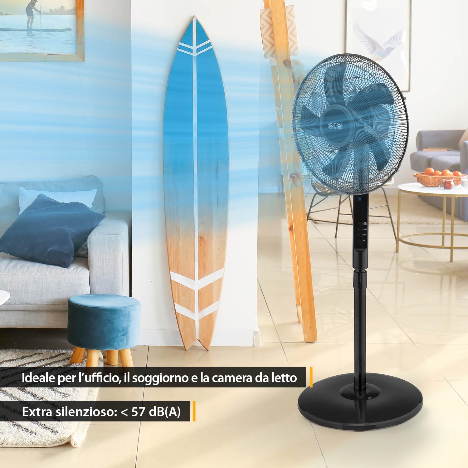 TZS First Austria - Ventilatore a piantana Ø400 mm - 45 W, 3 modalità, oscillazione 100° - Pulsanti, telecomando, timer 1-12 h - 54 dB(A) - nero