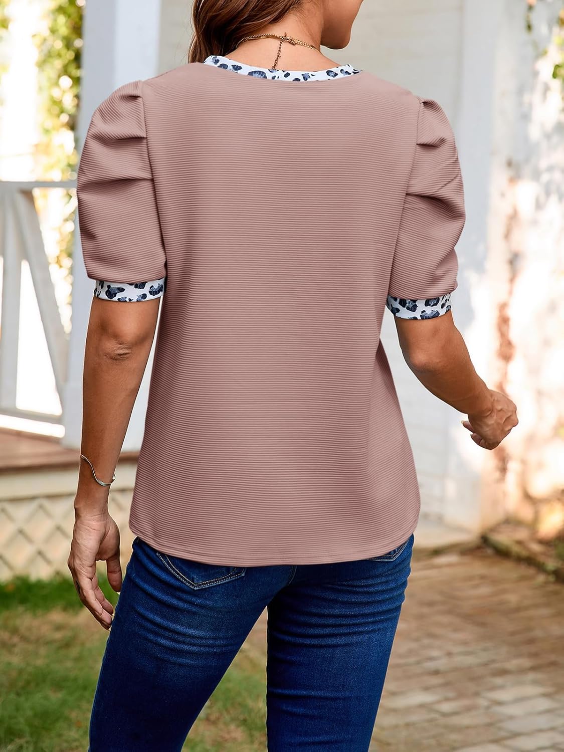 Tankaneo Womens Puff Short Sleeve Tops 2026 Summer Dressy Casual Crew Neck Work Blouses Leopard Loose Fit T Shirt - Image 2