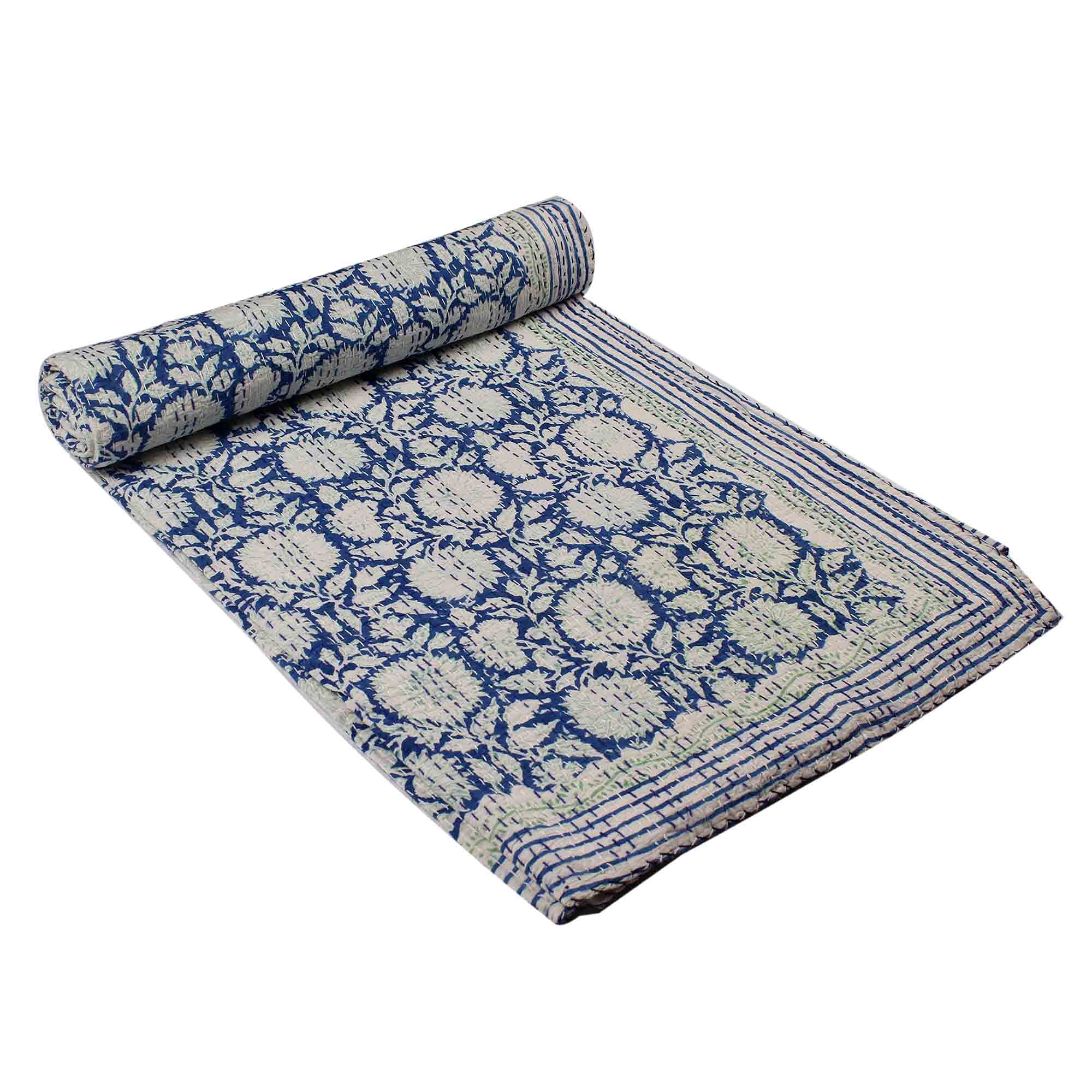 Couvre-lit Kantha haut de gamme 100% coton fait main indigo motif floral