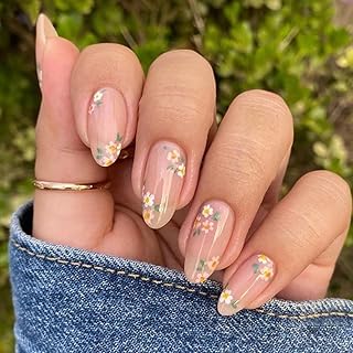 Spring Press On Nails Medium Almond Fake Nails Flower Nails Press Ons Nude Pink False Nails With Daisy Designs Acrylic Nails Full Cover Glue On Nails Artificial Stick On Nails For Women