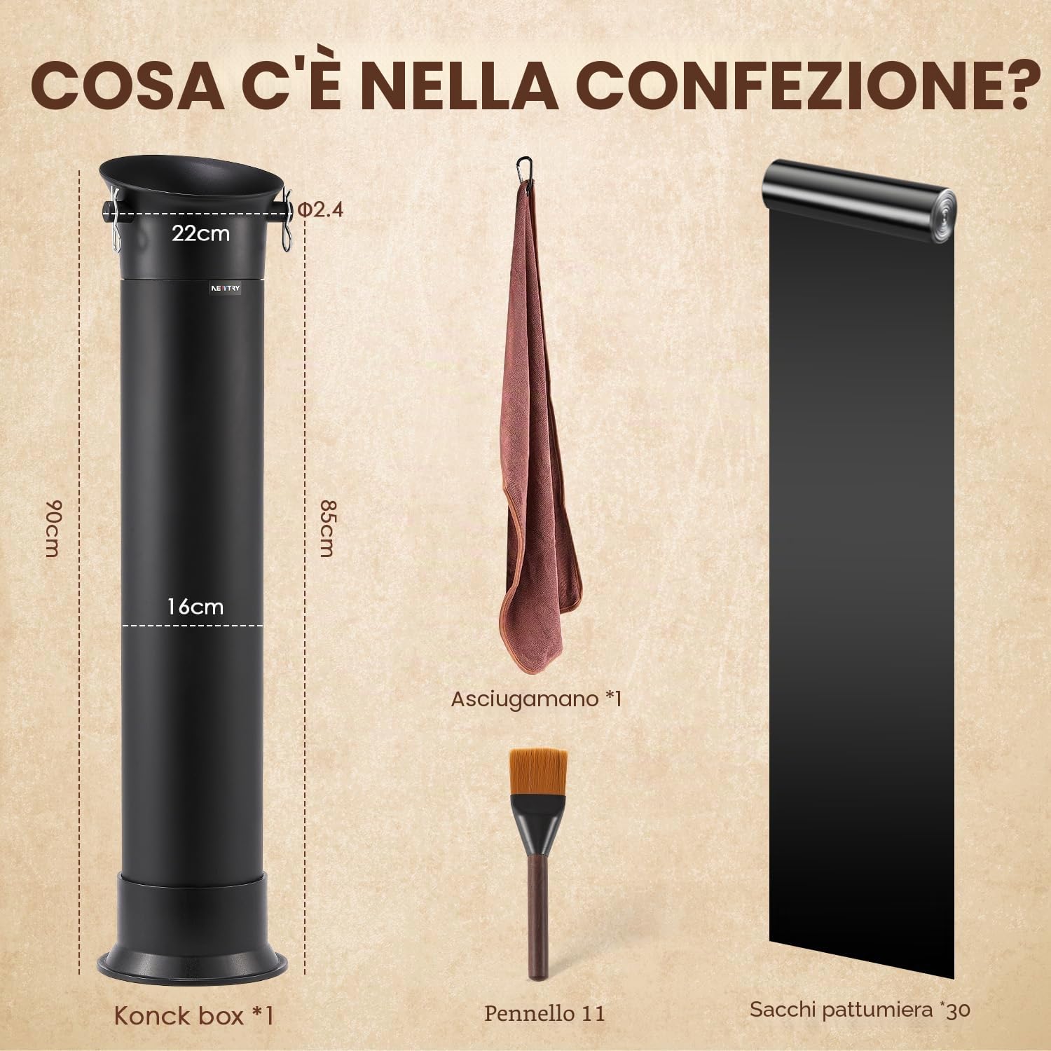 NEWTRY Secchiello fondi Caffe Commerciale, Knock Box per Espresso, 19LGrande Capacità Dacontenitore per Fondo Caffe per Barista Caffetteria Bar con 30 sacchetti, asciugamani e spazzole per la pulizia