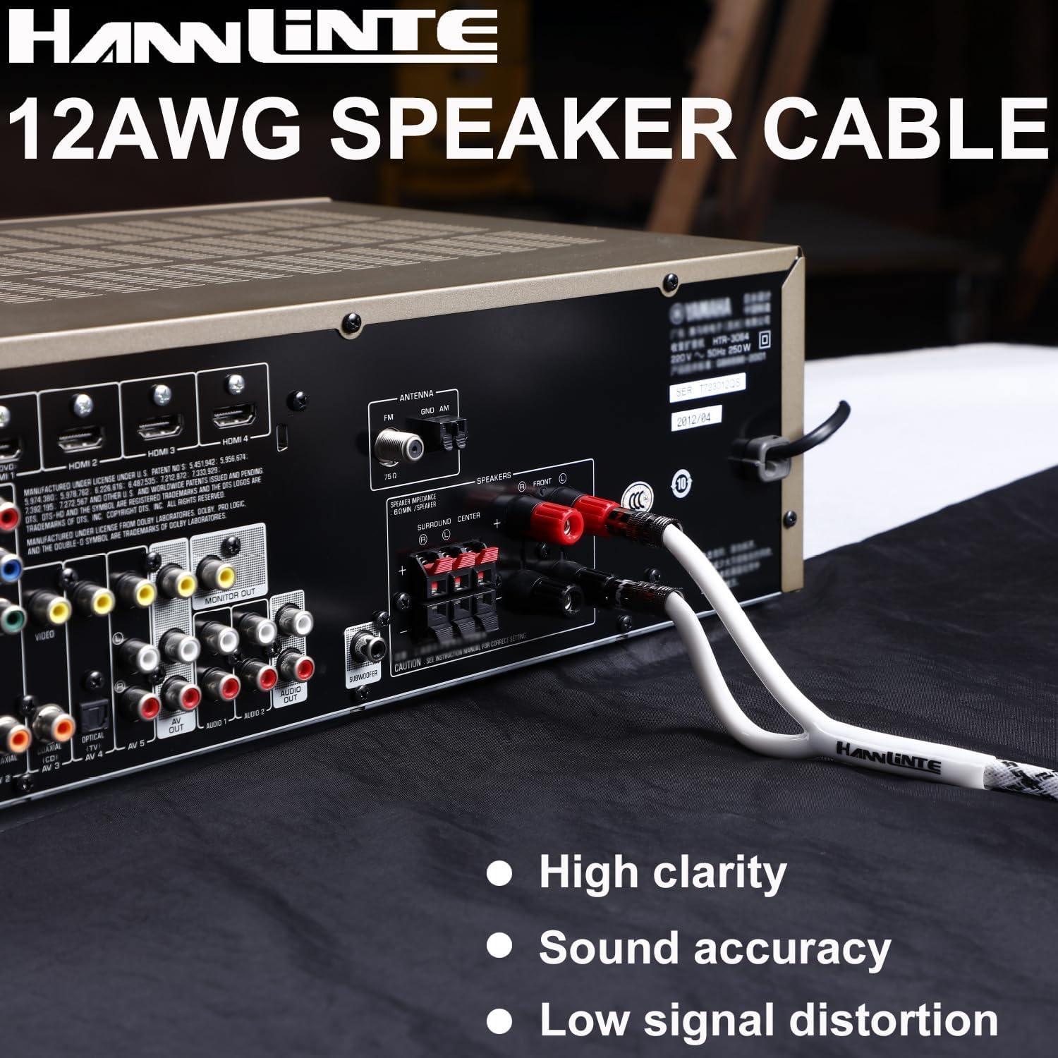 12AWG Speaker Cable (10 Feet), 1 Pack Premium Heavy Duty Braided Speaker Wire with Dual Gold Plated Banana Plug in-Wall CL2 Rated, Oxygen-Free Copper (White) - Image 2