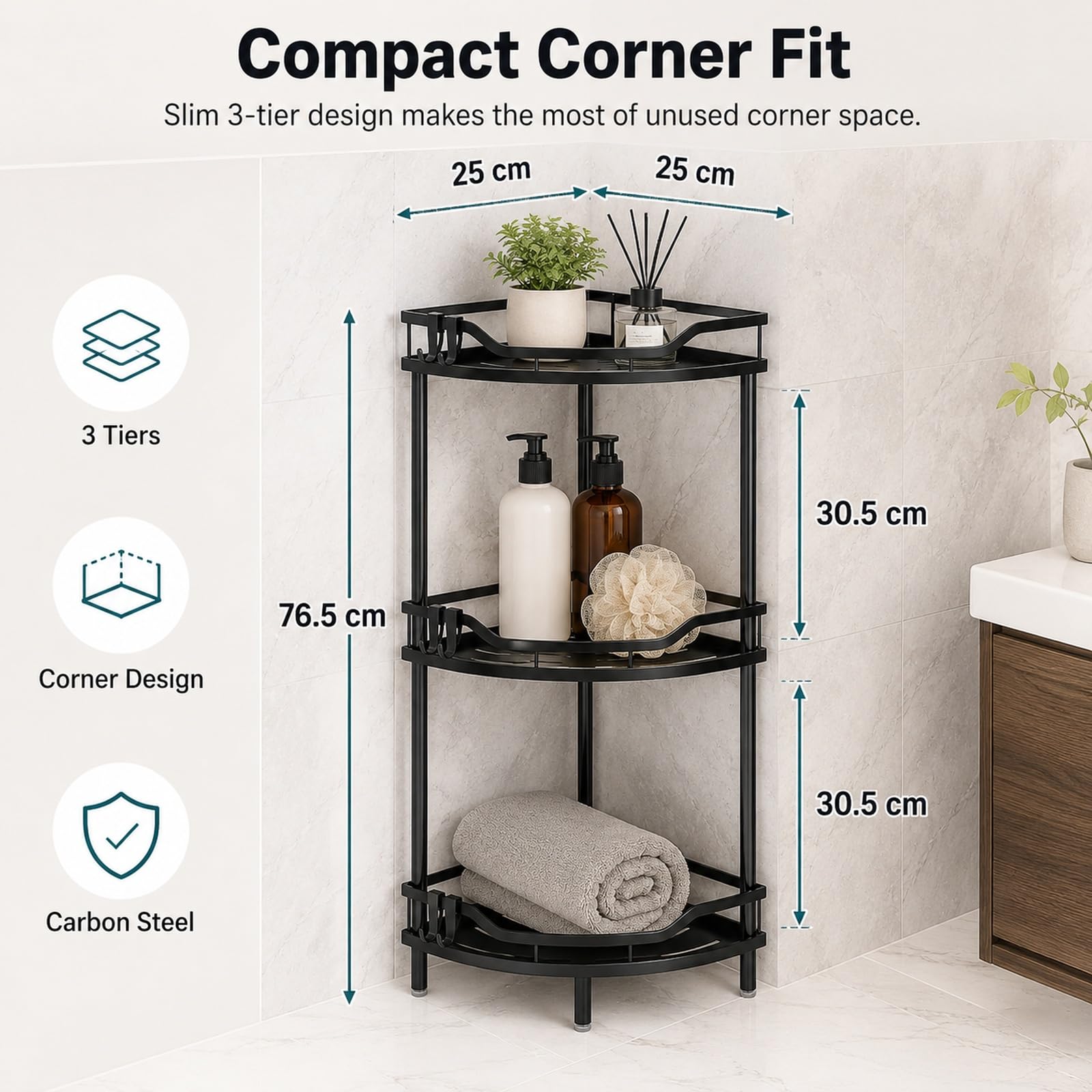GOOGO Scaffale doccia senza foratura a 3 ripiani, mensola da bagno da terra per doccia e lavabo, organizer angolare freestanding in metallo con design drenante (nero)
