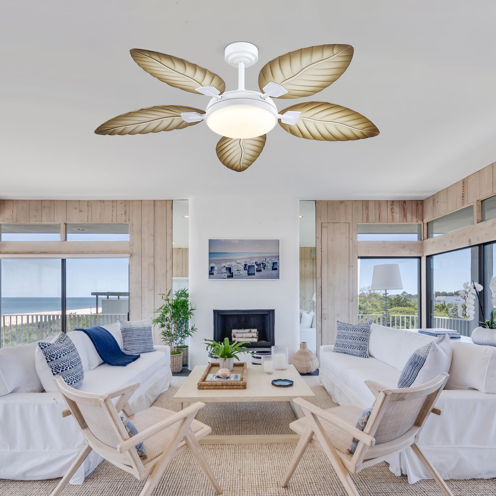 Kviflon 132 cm Moderno Ventilador de Techo con Luz, Diseño de Hoja de Palmera en Tono de Madera Clara, Control por Mando a Distancia o Aplicación, Reversibles, Zonas Exteriores Cubiertas.