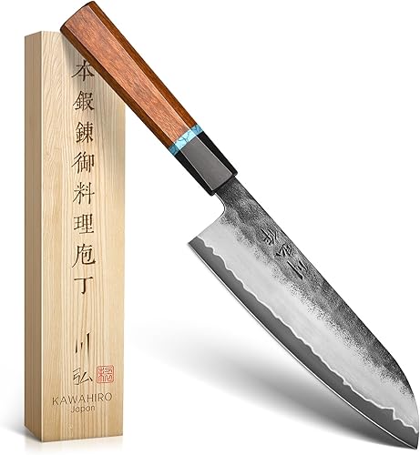 KAWAHIRO Cuchillo de chef japonés Santoku de 7 pulgadas, cuchillo de cocina de acero inoxidable VG10, cuchillos de chef forjados a mano