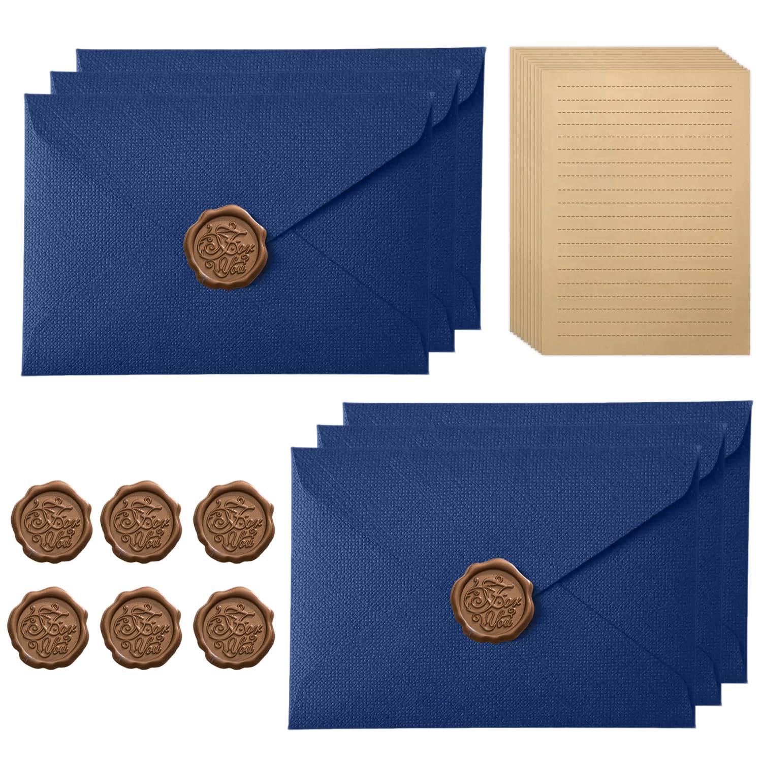 Vintage Letter Paper with 6 Envelopes, 10 A5 Writing Paper & 6 Wax Seal, Kraft Paper, Beautiful Writing Paper Set for Wedding, Birthday, Greeting Cards, Dark Blue — image 1