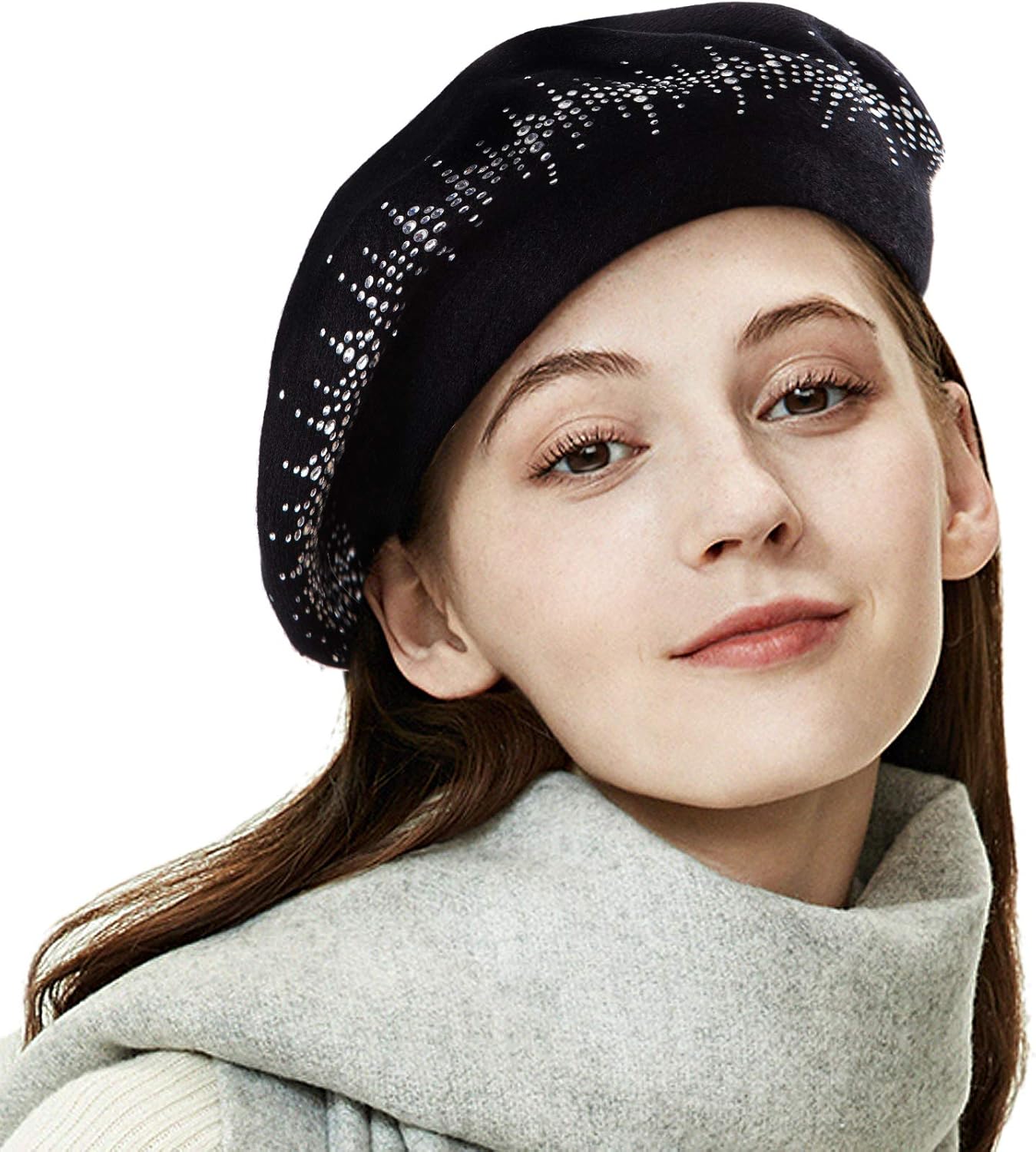 LADYBRO Rhinestone Beret Hats for Women 2 Layers Wool French Knit Cap Lady Winter Black - Image 9