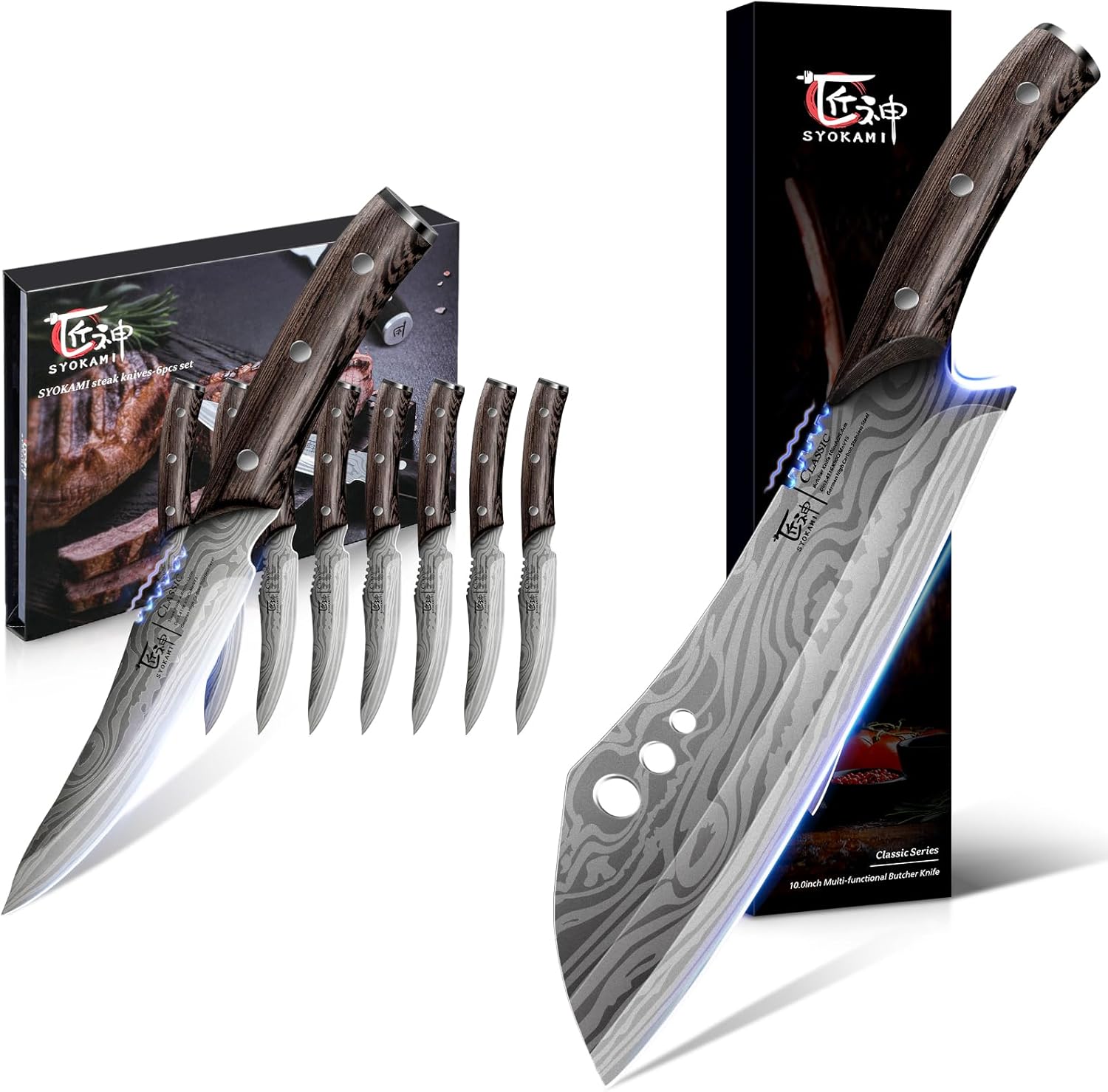 Butcher Knife 10 Inch, Japanese Style+Steak Knives Set of 8
