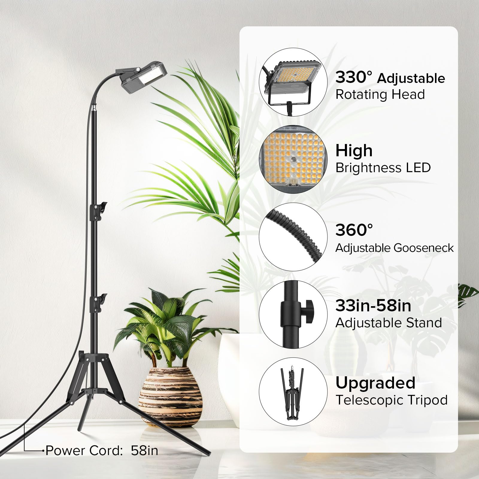 SANSI Lámpara de Plantas, Lámpara LED Cultivo de Espectro Completo 4000K con Soporte Extensible 40-110cm y Brazo Ajustable de 360°, Luz Plantas Interior con Temporizador y 4 Niveles Regulables