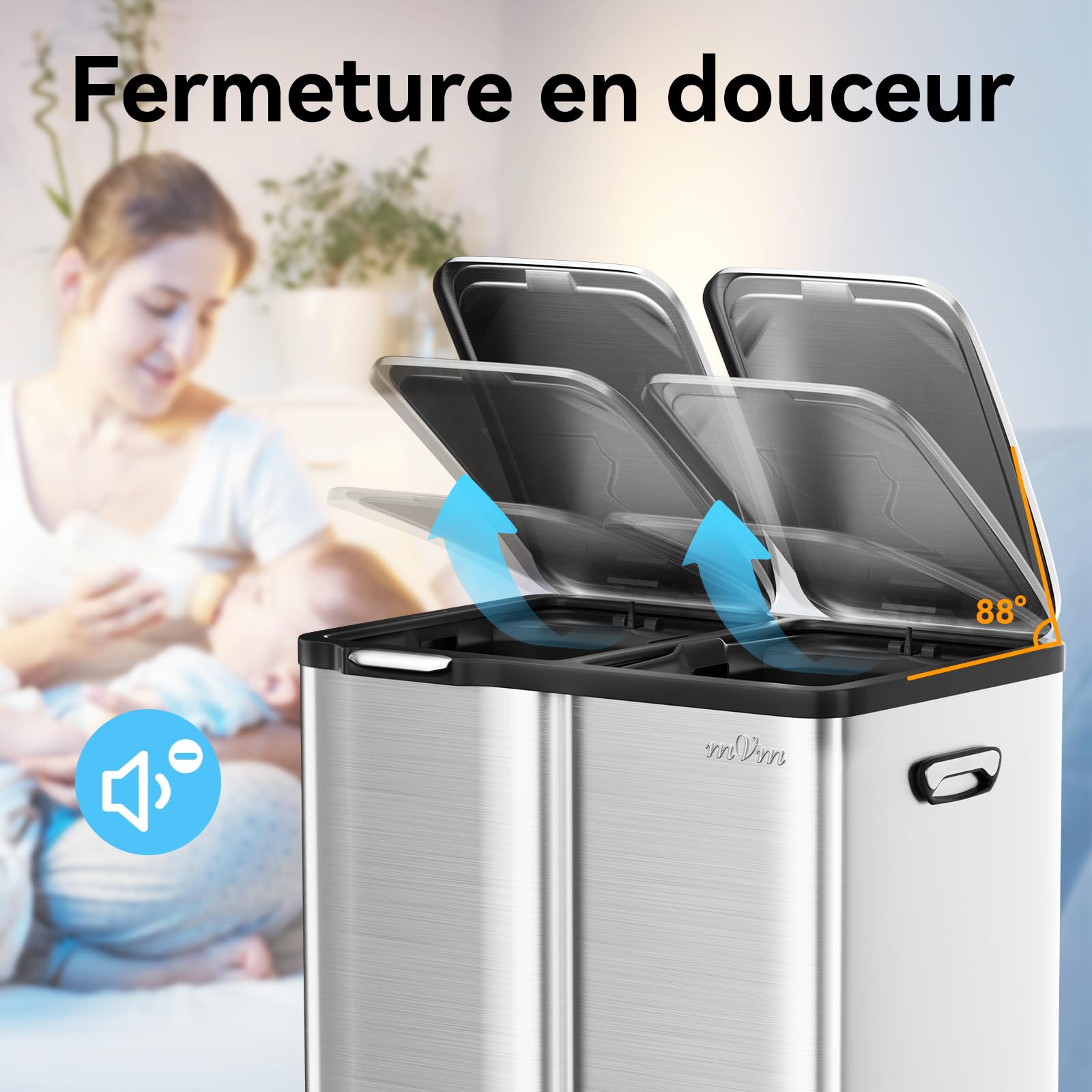 mVm Poubelle de Cuisine Triple,Poubelle de Tri,Corbeille à Pédale,3 Compartiments,60 Liter(13+17+30L) Déchets,Acier,Couvercles à Fermeture en Douceur,Pédales,Seaux Intérieurs