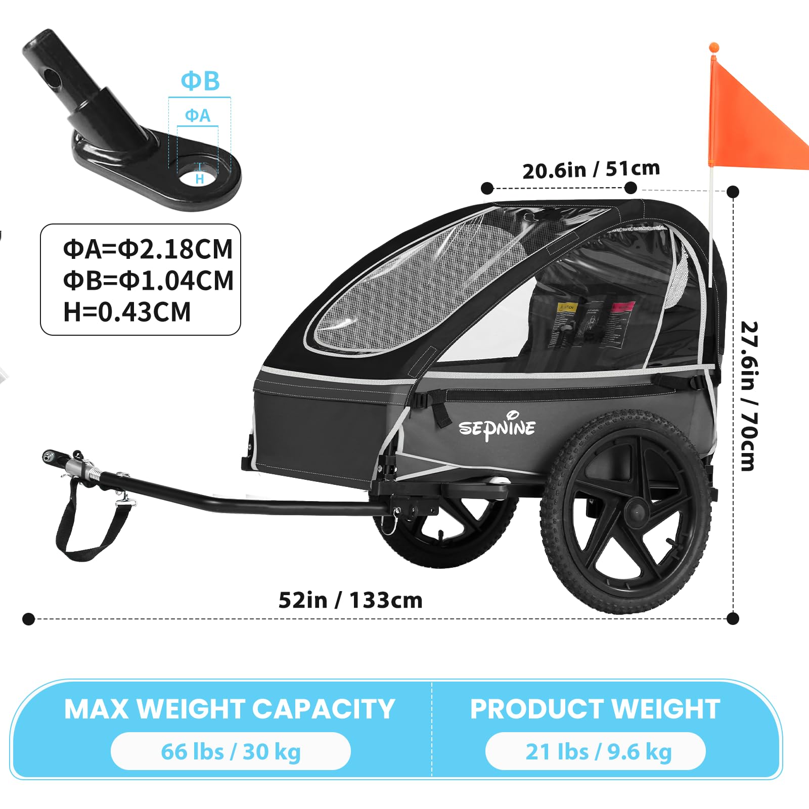 Sepnine Remolque de bicicleta para niños, adecuado para 1 a 2 niños, más de 12 meses, fijación rápida a la bicicleta, plegable, con arnés de 5 puntos y bolsas de almacenamiento
