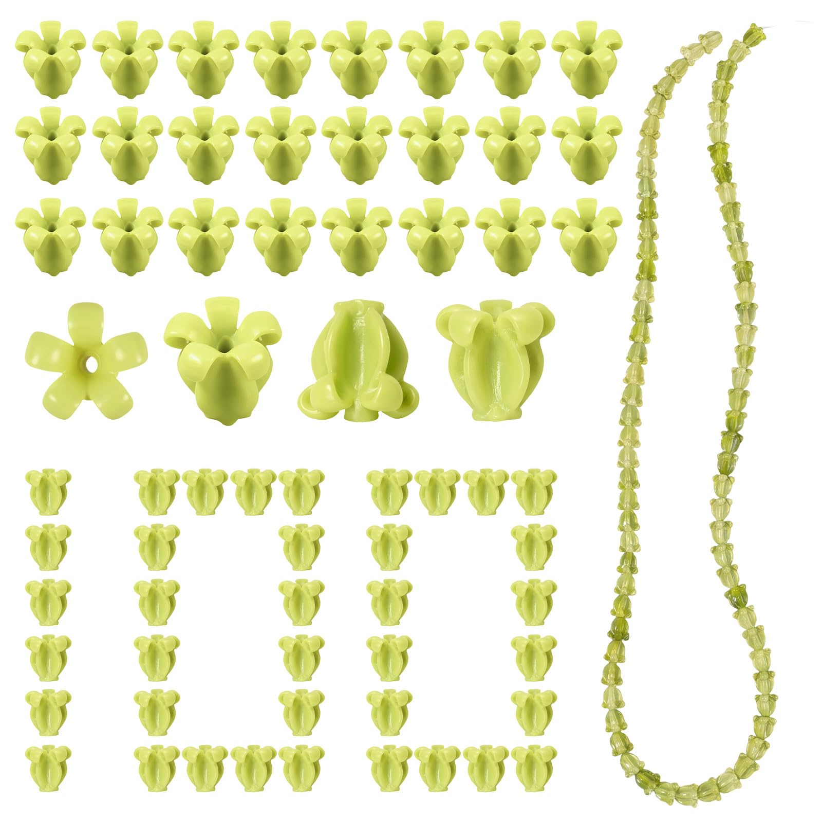 QINGLANG 100 Pcs Artificial Flower Beads for Jewellery Making 12mm Lily of the Valley loral Spacer Beads Resin Shell Bell Orchid Bud Charms for DIY Bracelets, Necklaces, Earrings and Crafts(Green)