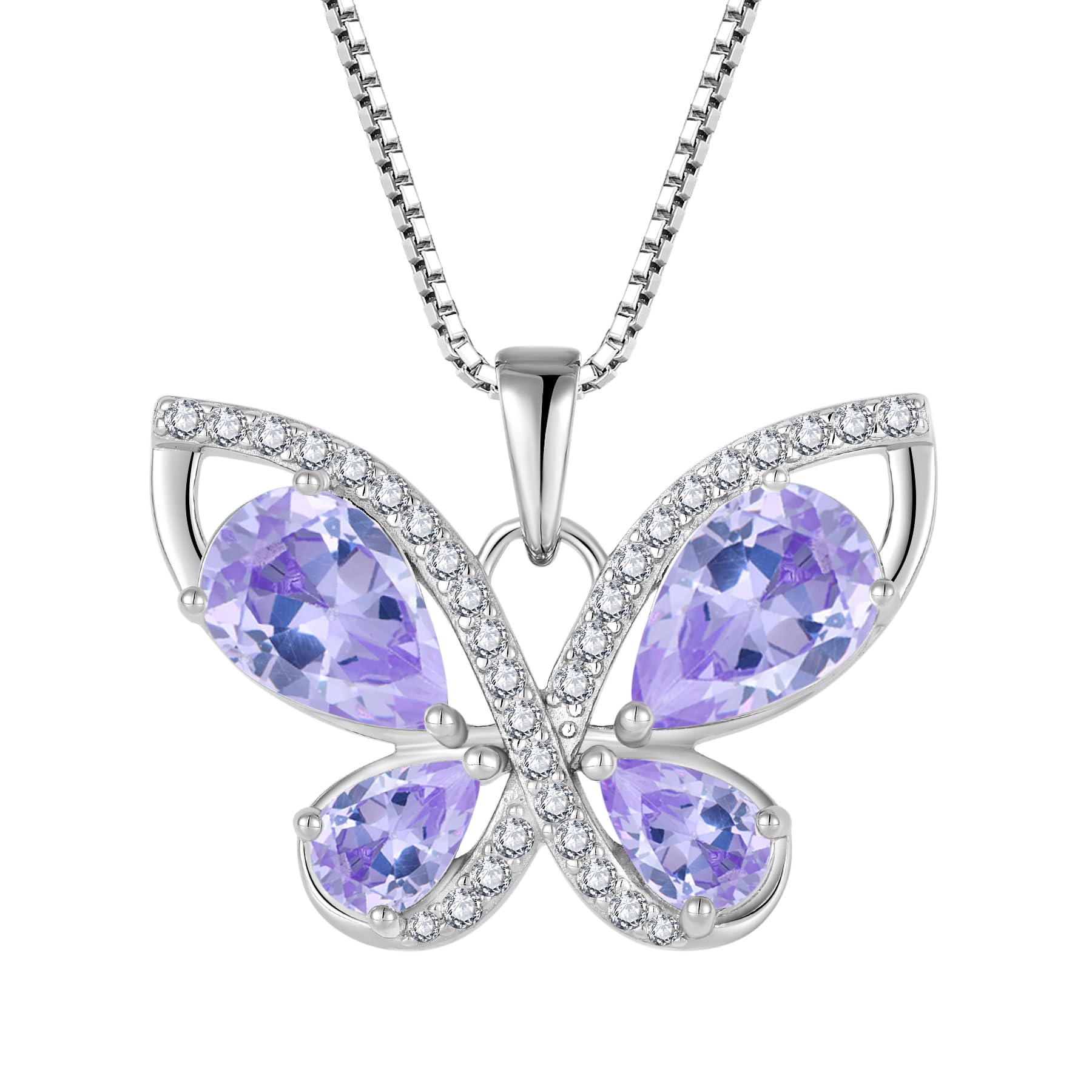 Blaniy Butterfly Necklace for Women 925 Sterling Silver Birthstone Pendant Created Gemstone Jewelry Gifts for Her