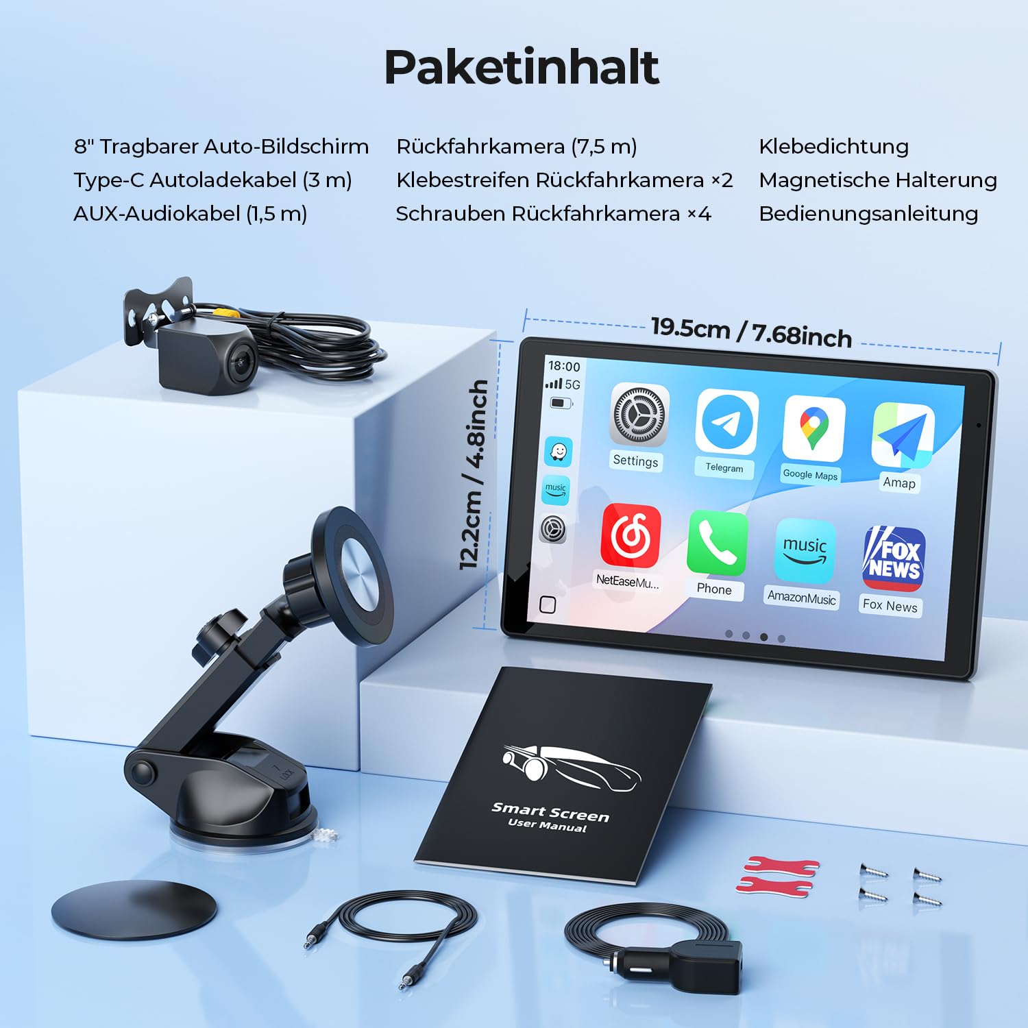 Tragbares Carplay Display 8 Zoll Apple CarPlay Android Auto 1440x900 HD Magnetische Halterung OTA-Updates Rückfahrkamera Bluetooth Sprachsteuerung GPS-Navigation